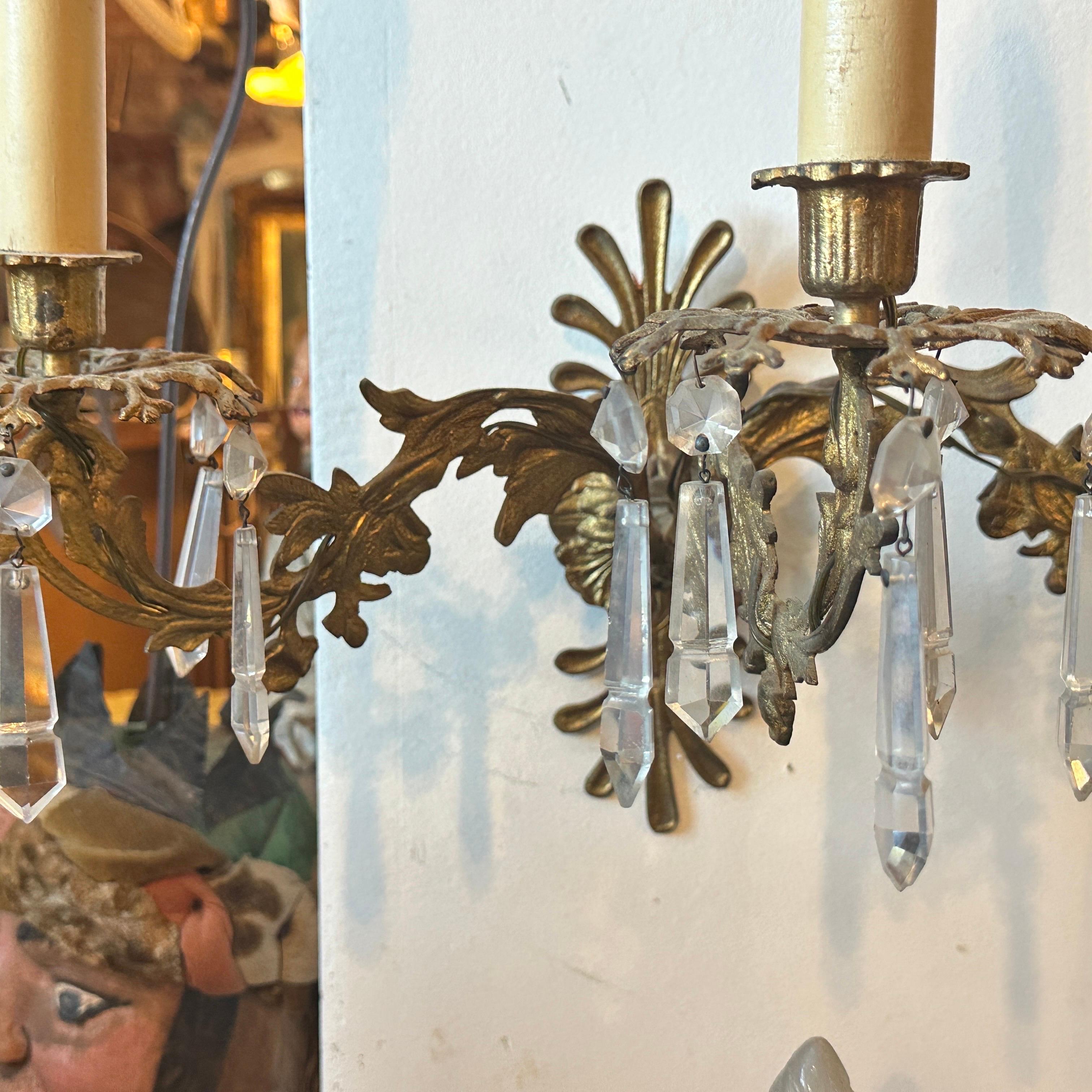 A Pair of Art Nouveau Gilded Iron and Cristal Sicilian Wall Sconces For Sale 9