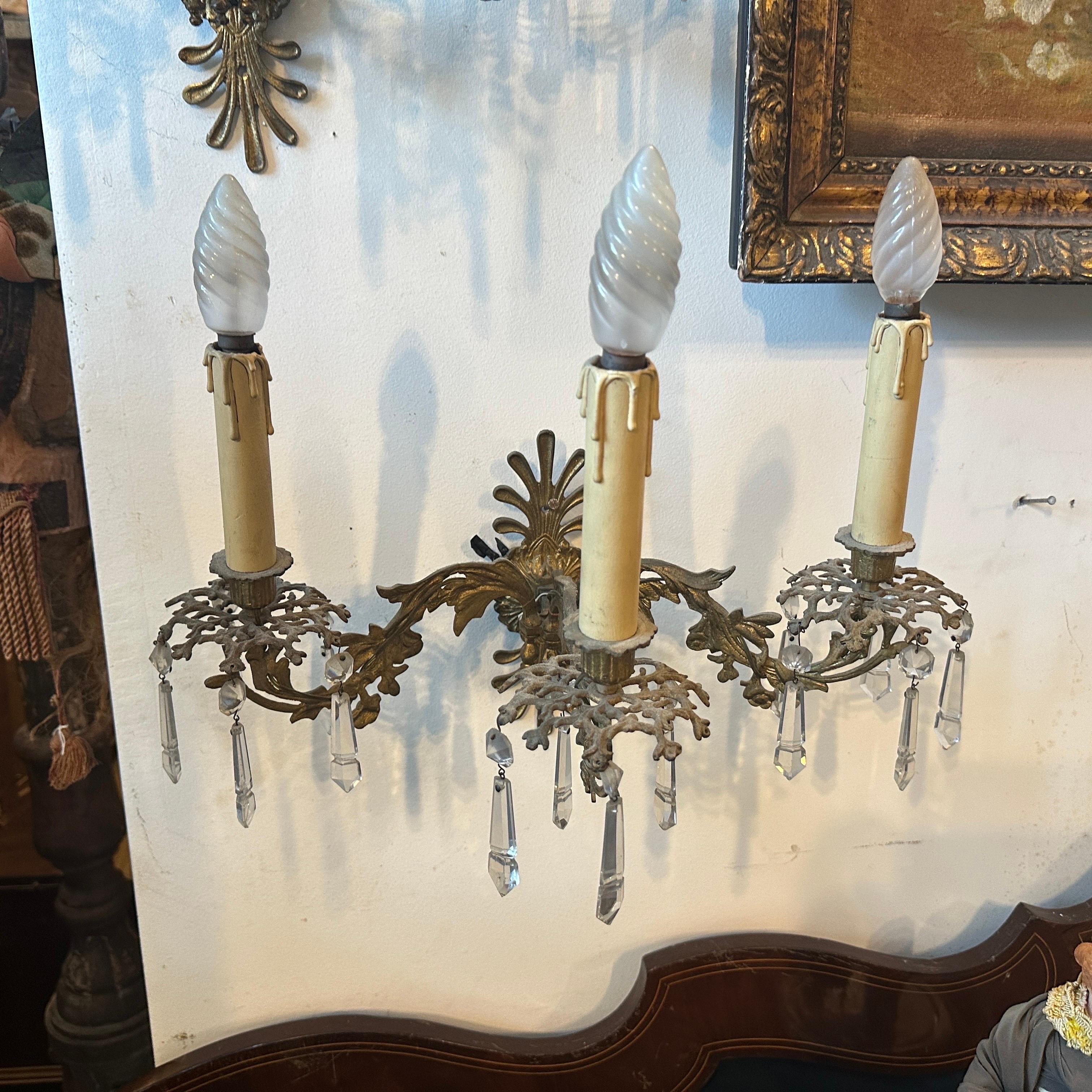 Italian A Pair of Art Nouveau Gilded Iron and Cristal Sicilian Wall Sconces For Sale