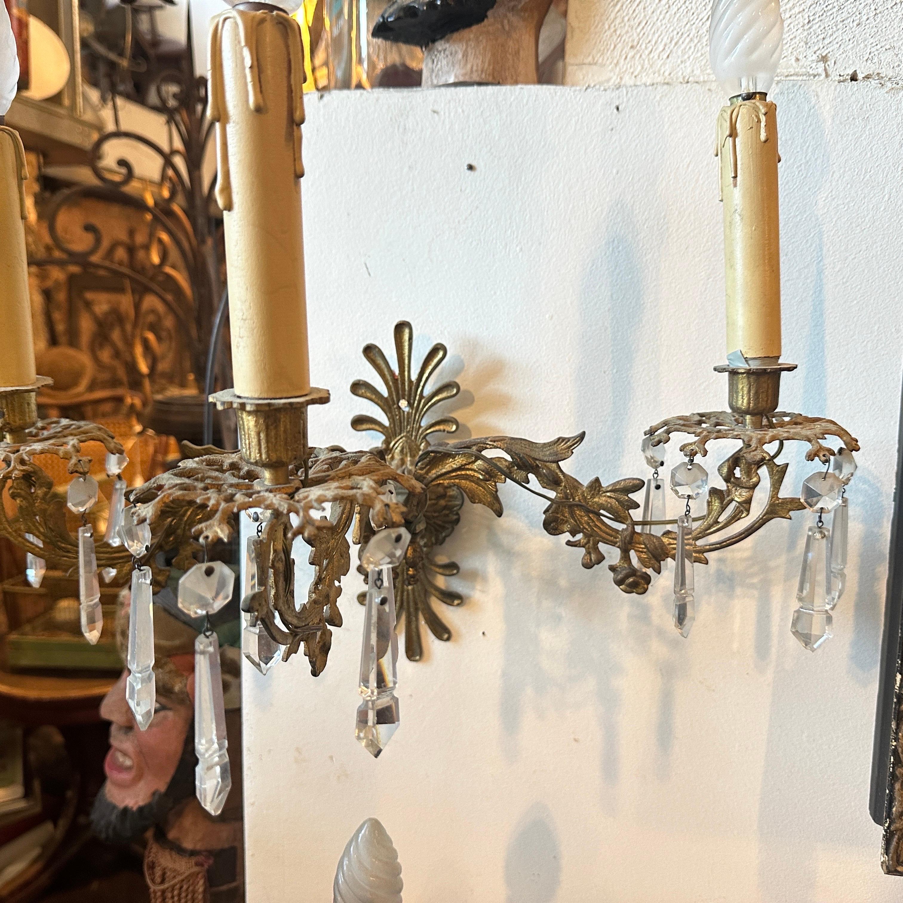Hand-Crafted A Pair of Art Nouveau Gilded Iron and Cristal Sicilian Wall Sconces For Sale