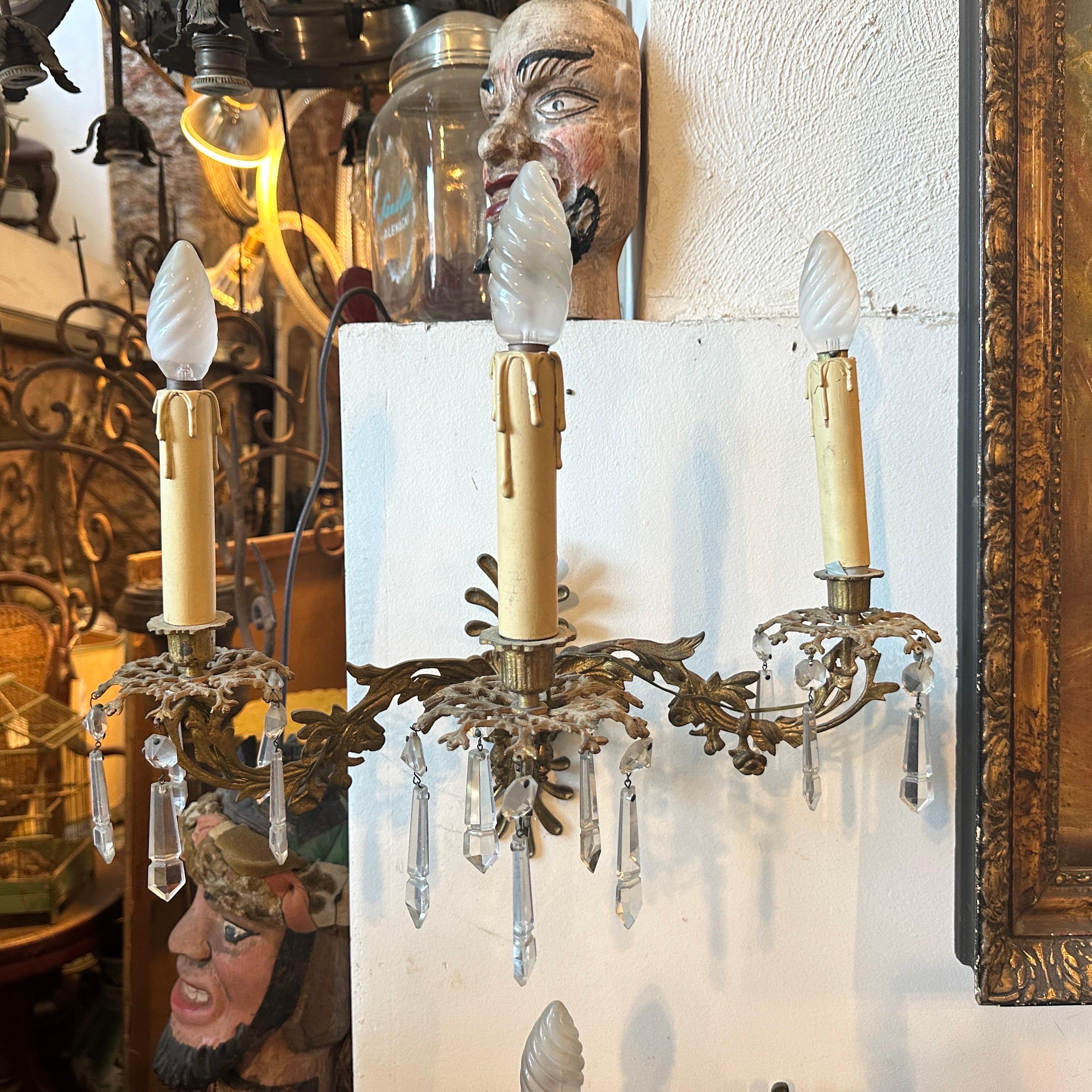 Crystal A Pair of Art Nouveau Gilded Iron and Cristal Sicilian Wall Sconces For Sale