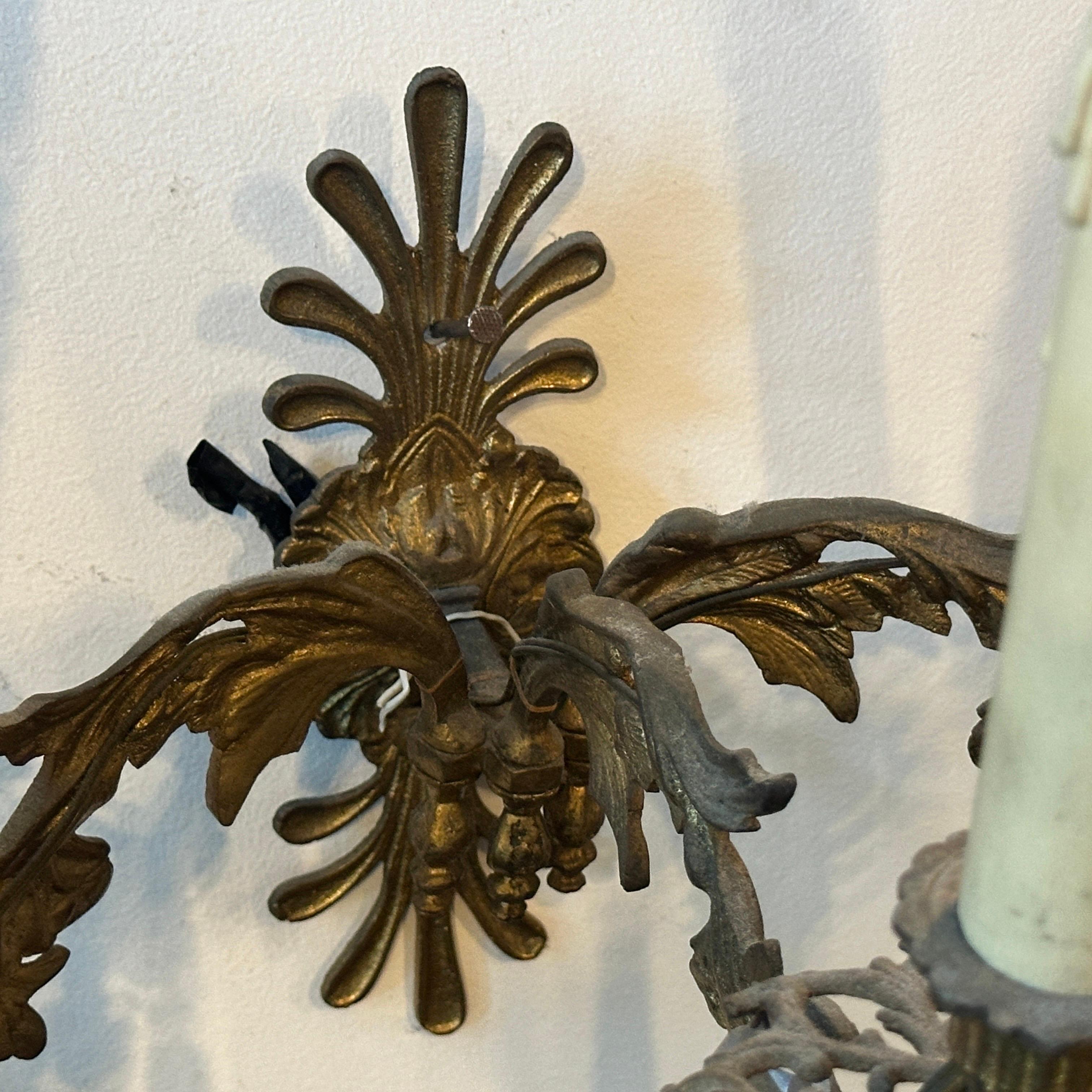 A Pair of Art Nouveau Gilded Iron and Cristal Sicilian Wall Sconces For Sale 1