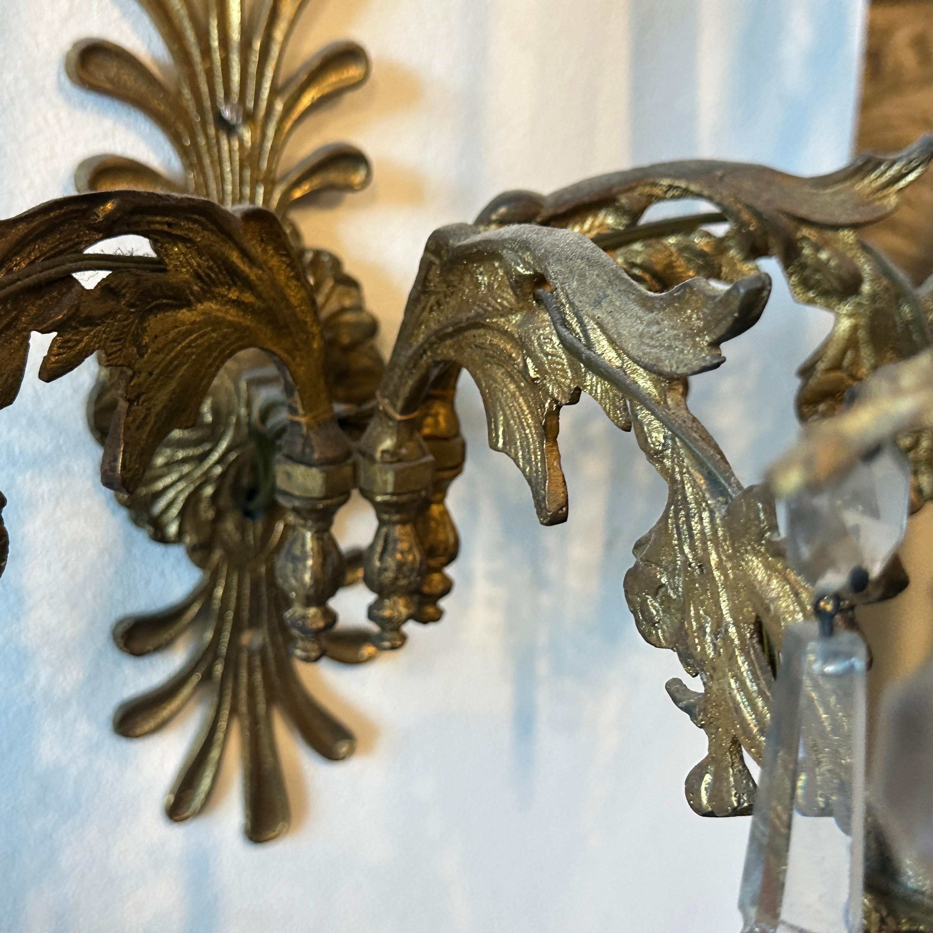A Pair of Art Nouveau Gilded Iron and Cristal Sicilian Wall Sconces For Sale 3