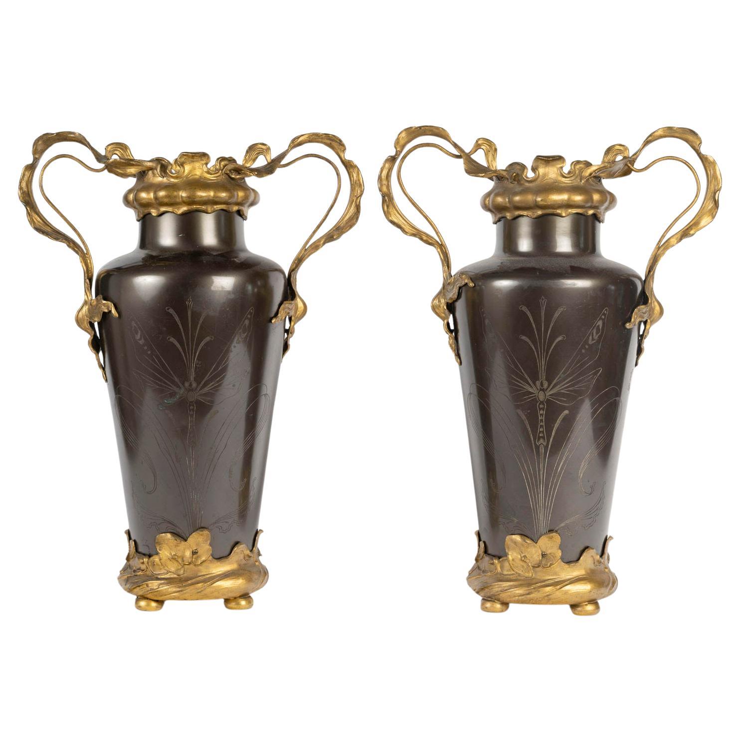 A Pair of Art Nouveau Gilt Bronze and Patinated Vases, Circa 1900.