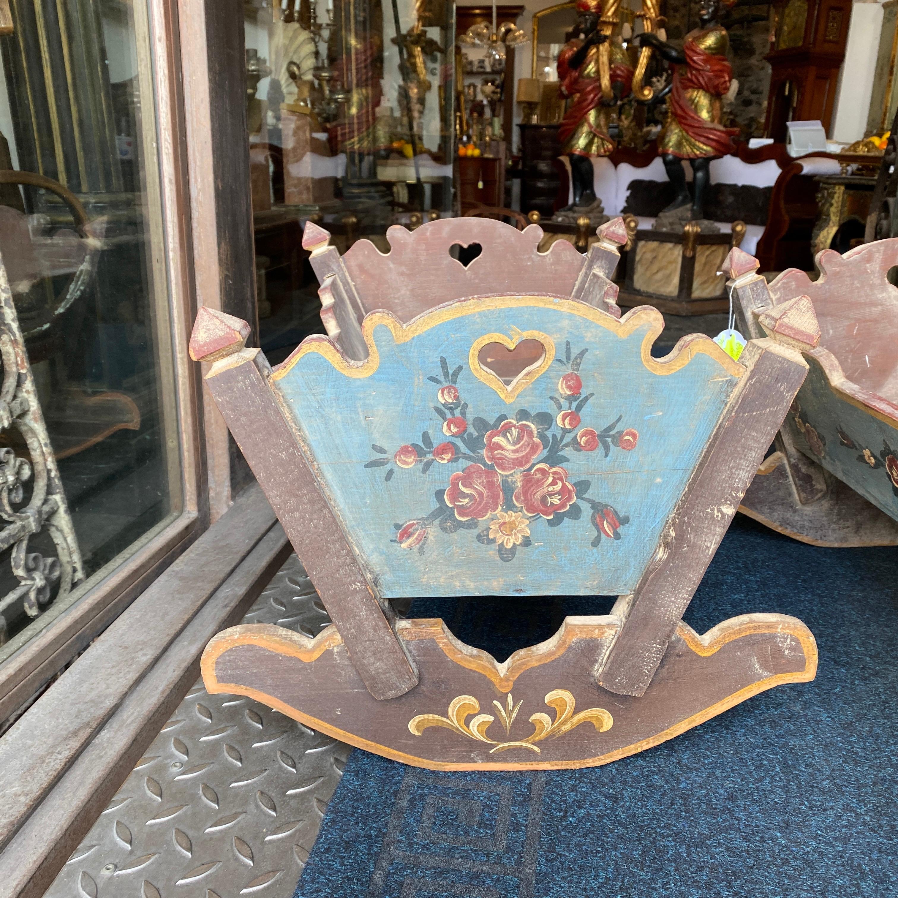 Pair of Art Nouveau Hand-Painted Wood Sicilian Toy Cots 2