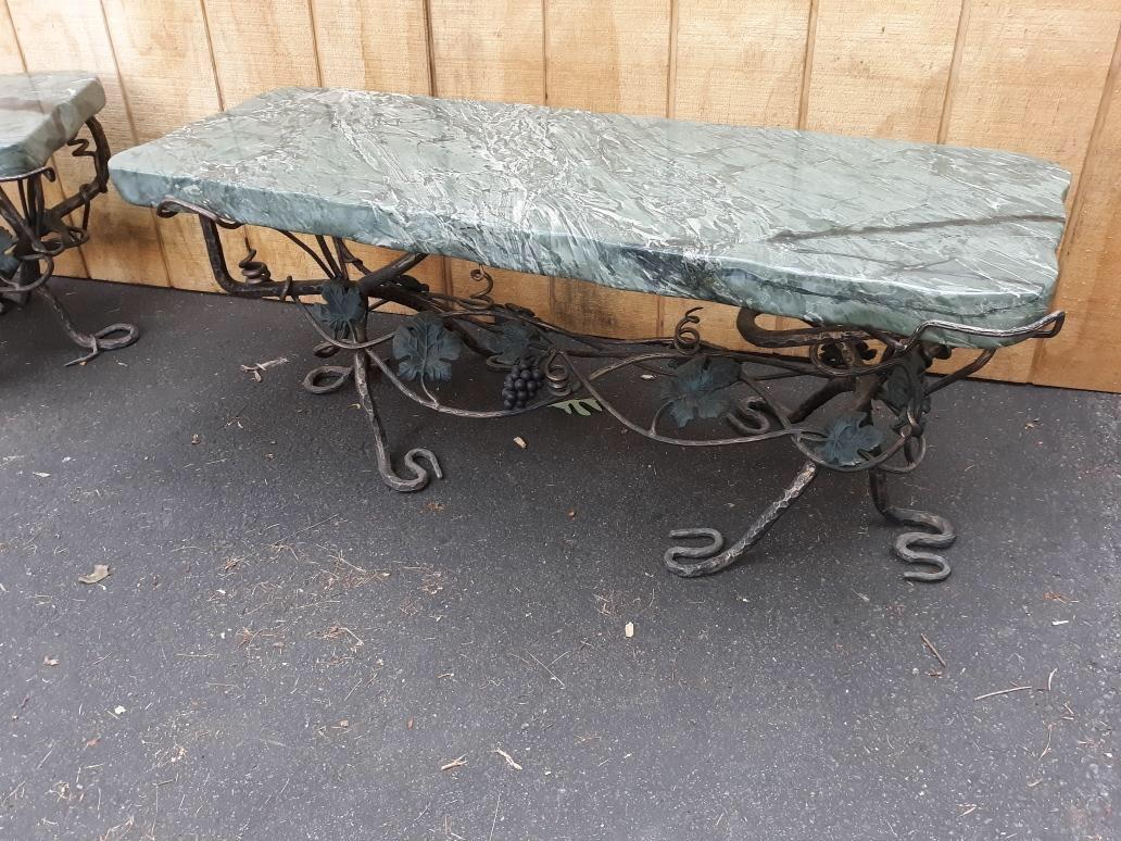 American Pair of Art Nouveau Wrought Iron and Marble Garden Benches