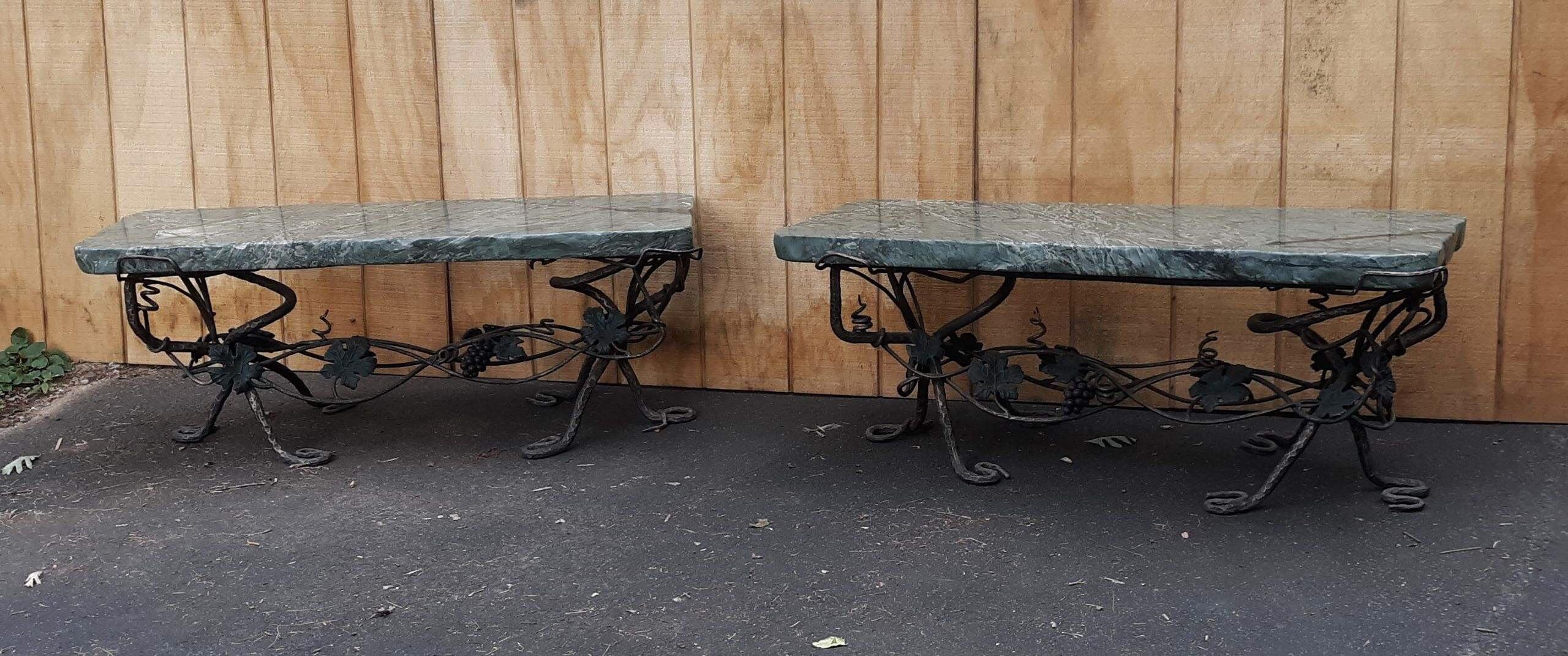 Hand-Painted Pair of Art Nouveau Wrought Iron and Marble Garden Benches