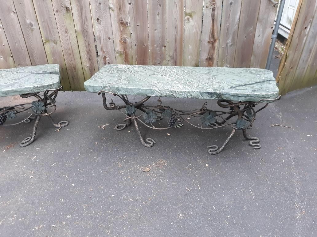 20th Century Pair of Art Nouveau Wrought Iron and Marble Garden Benches