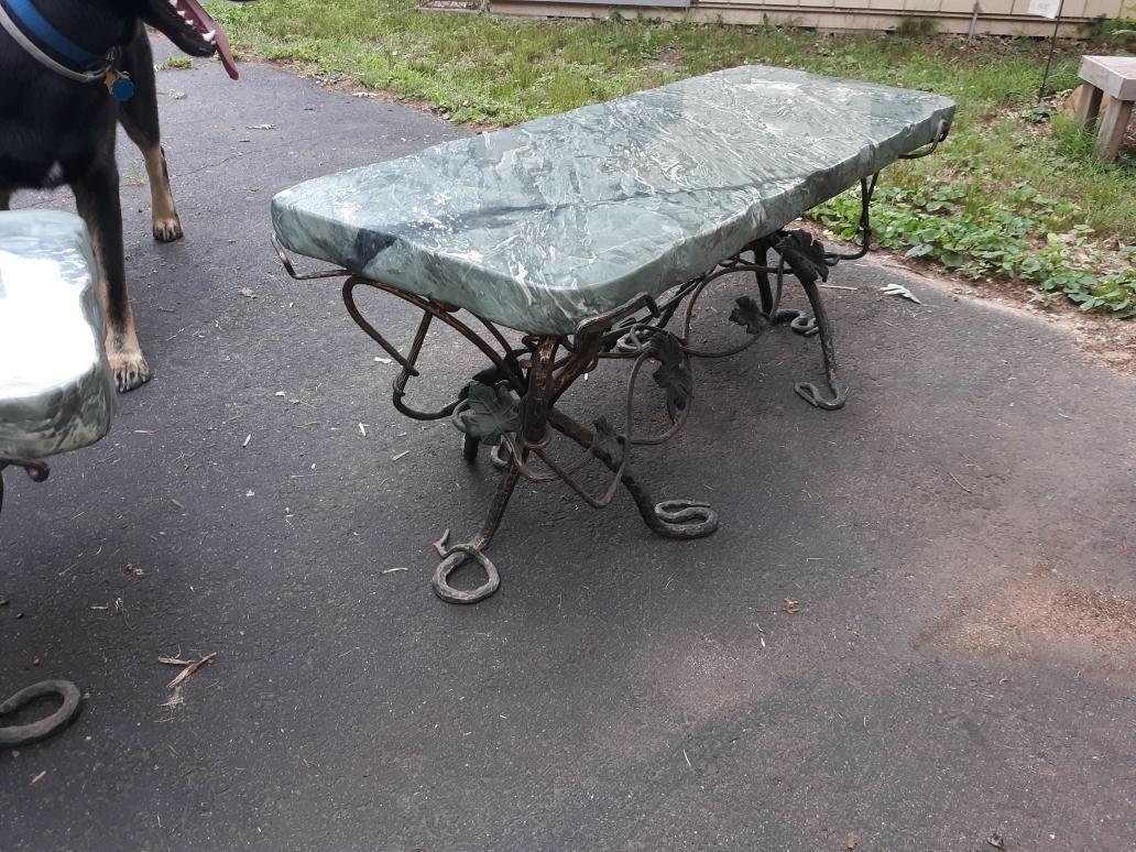 Pair of Art Nouveau Wrought Iron and Marble Garden Benches 2