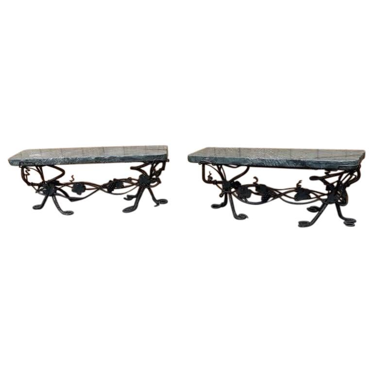 Pair of Art Nouveau Wrought Iron and Marble Garden Benches