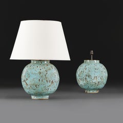 A Pair of Art Pottery Turquoise Moon Jars as Lamps