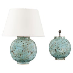 A Pair of Art Pottery Turquoise Moon Jars as Lamps