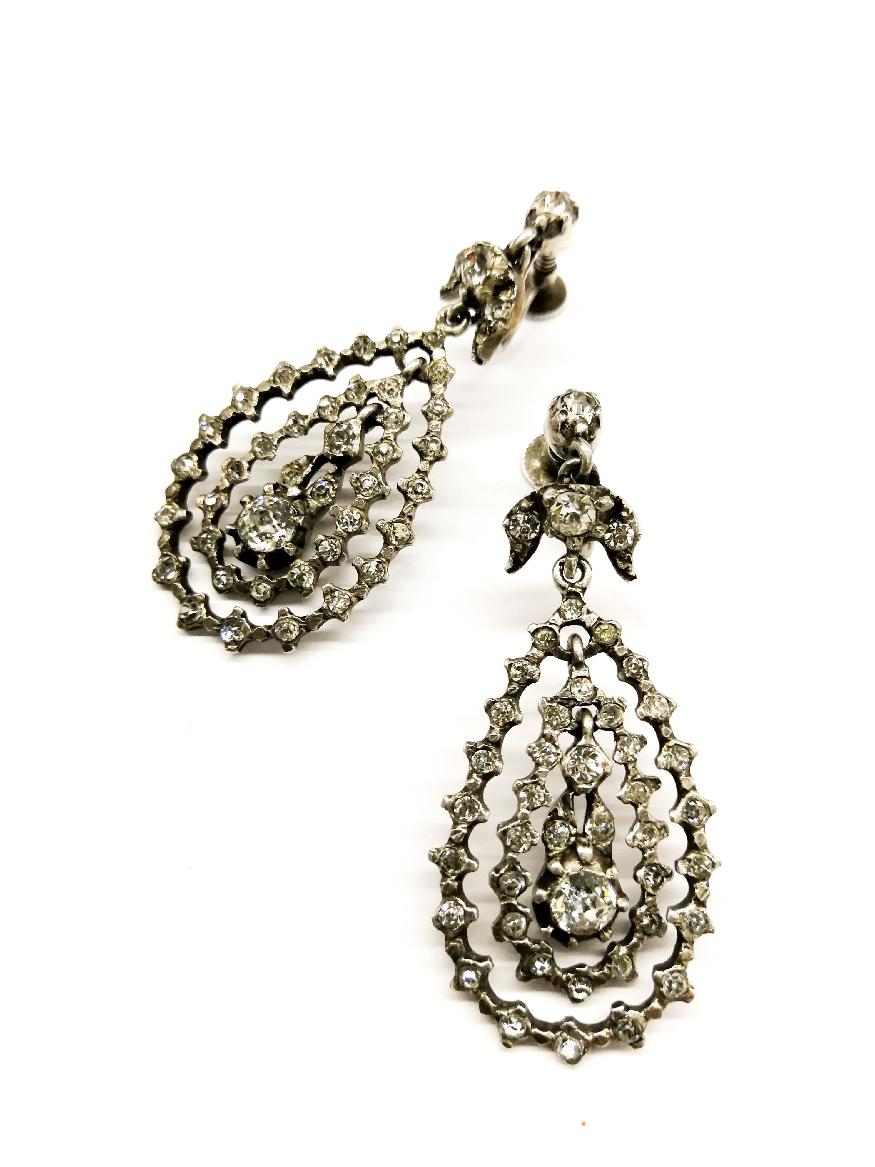 Edwardian A pair of articulated multi hoop silver and paste drop earrings, French, c1900s