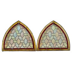 Pair of Arts and Crafts Arched Stained Glass Window Panels