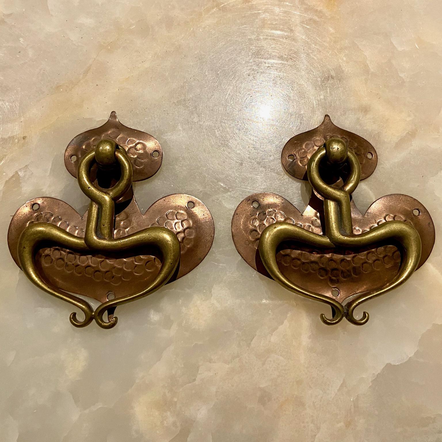 Arts and Crafts Pair of Arts & Crafts Art Nouveau Drop Pull Handles, Brass and Beaten Copper For Sale