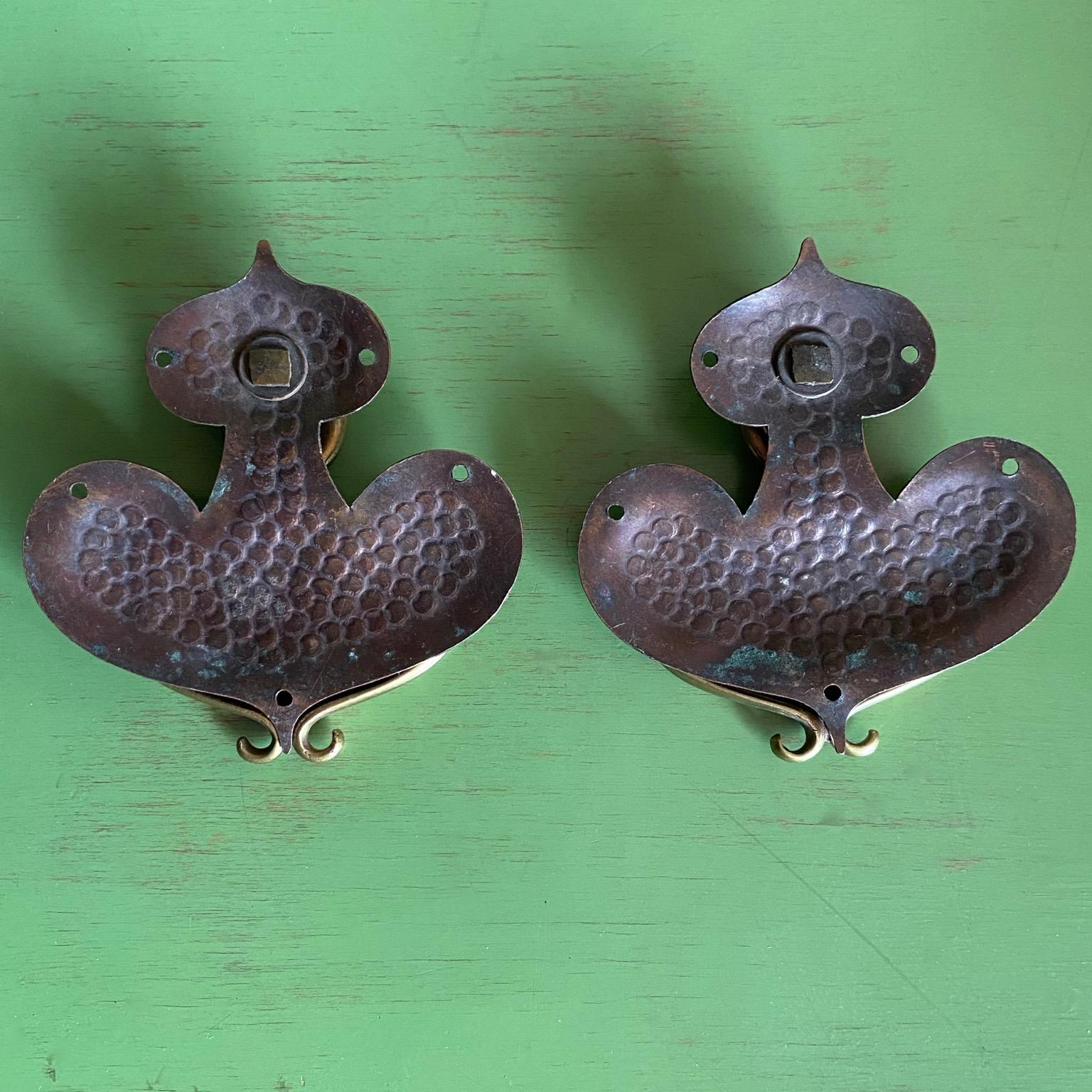 Pair of Arts & Crafts Art Nouveau Drop Pull Handles, Brass and Beaten Copper For Sale 2