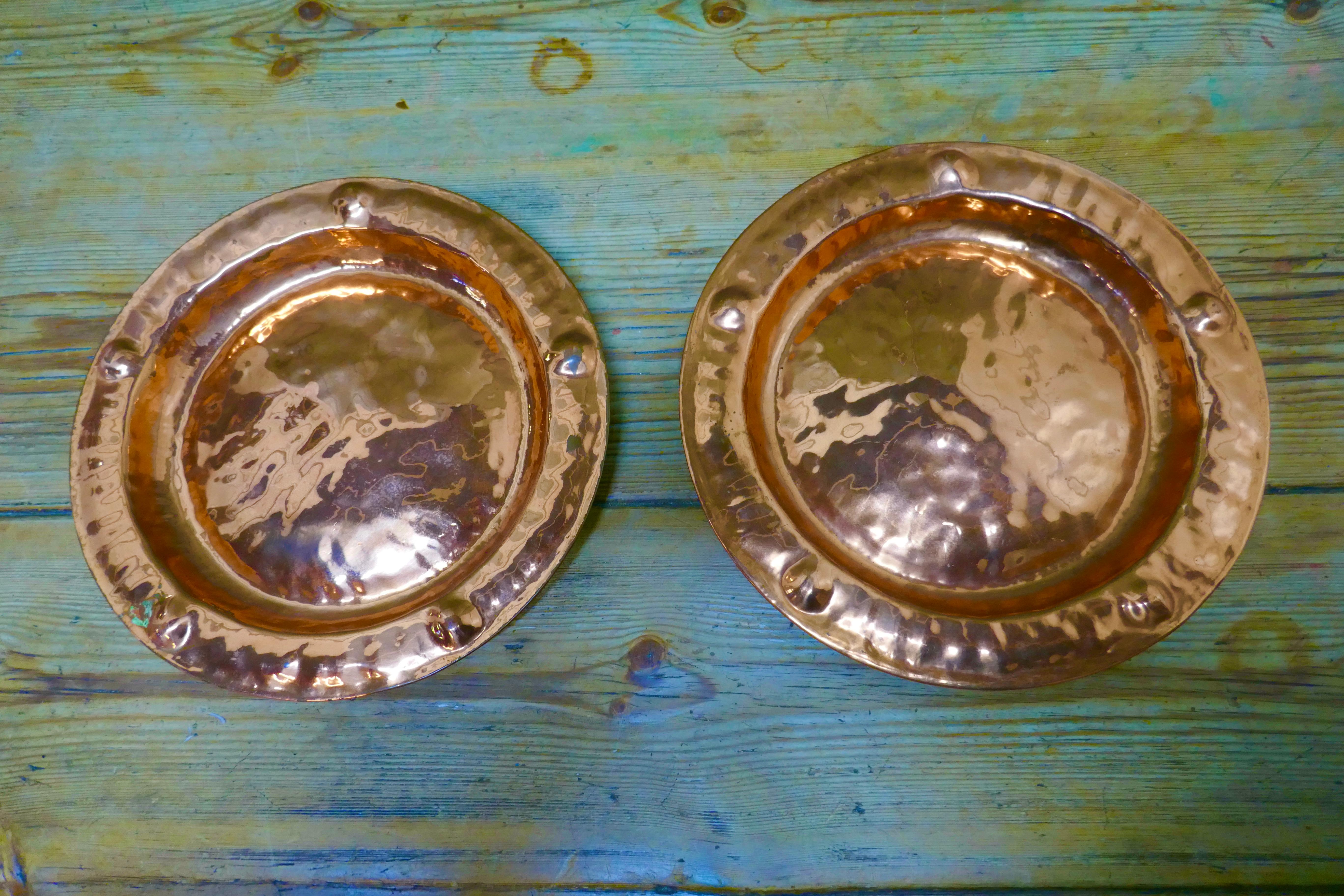 Arts and Crafts Pair of Arts & Crafts Beaten Copper Wall Plates by Lombard