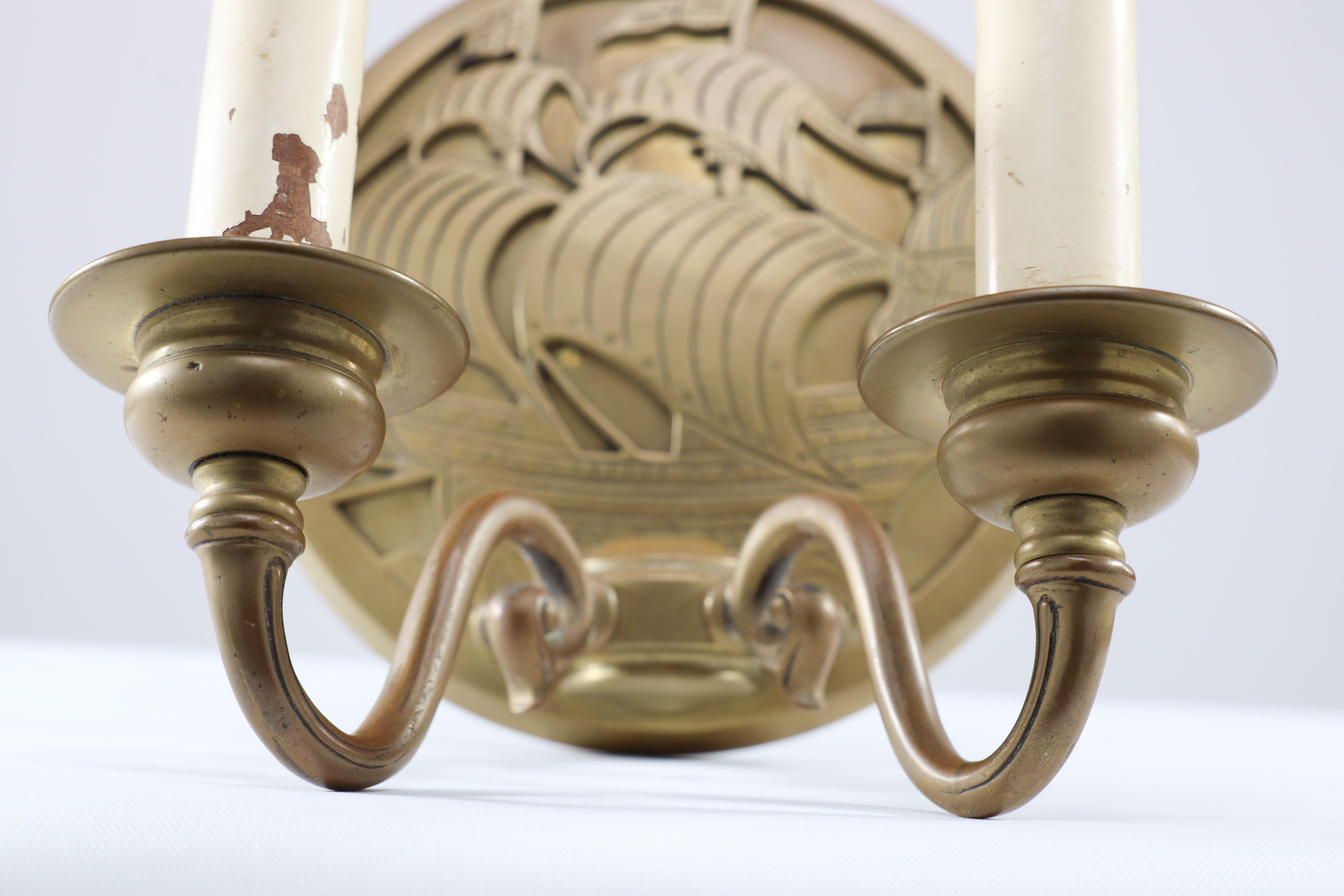 A pair of Arts and Crafts brass wall lights with Galleons in sail. For Sale 5