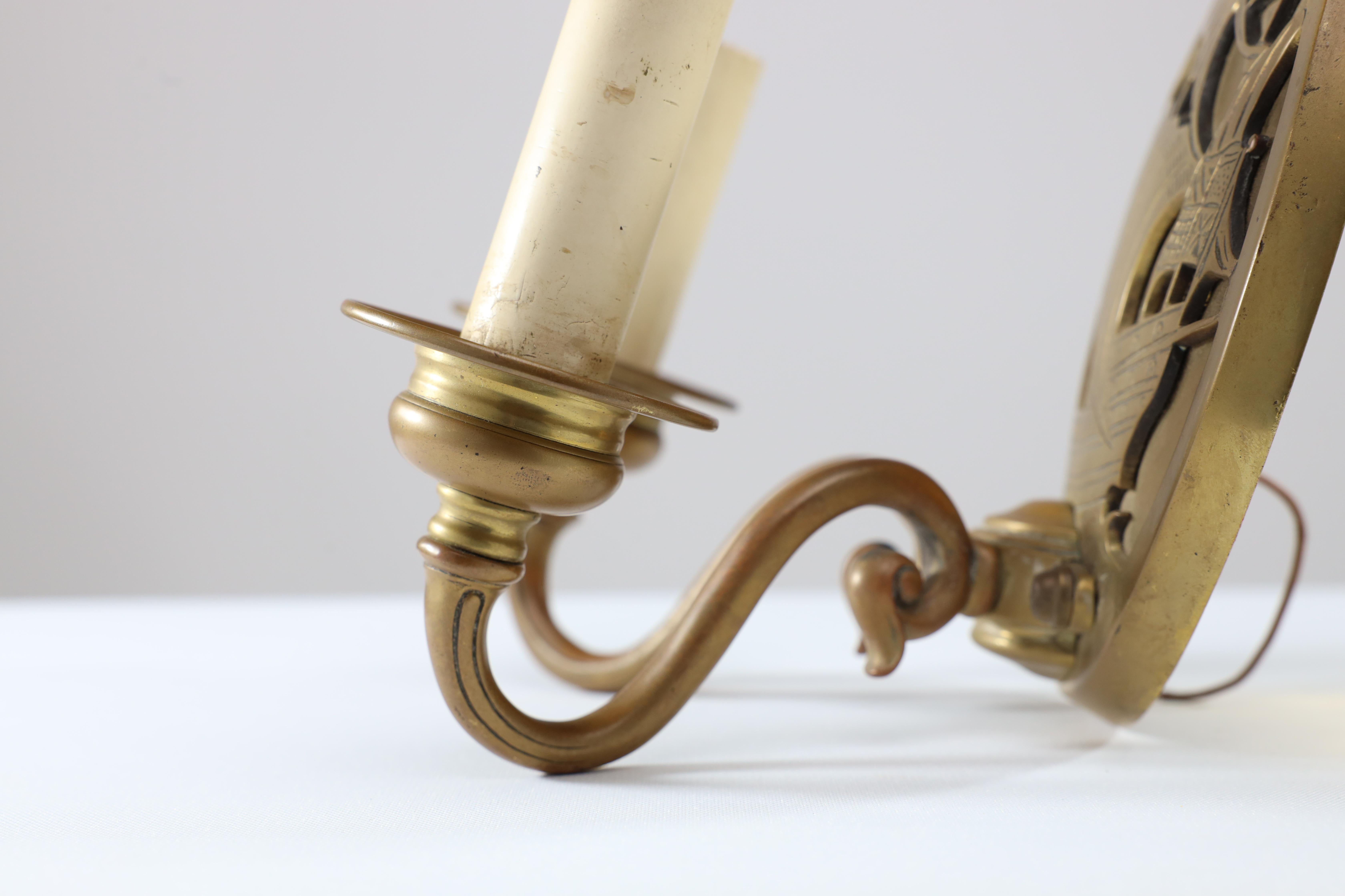 A pair of Arts and Crafts brass wall lights with Galleons in sail. For Sale 7