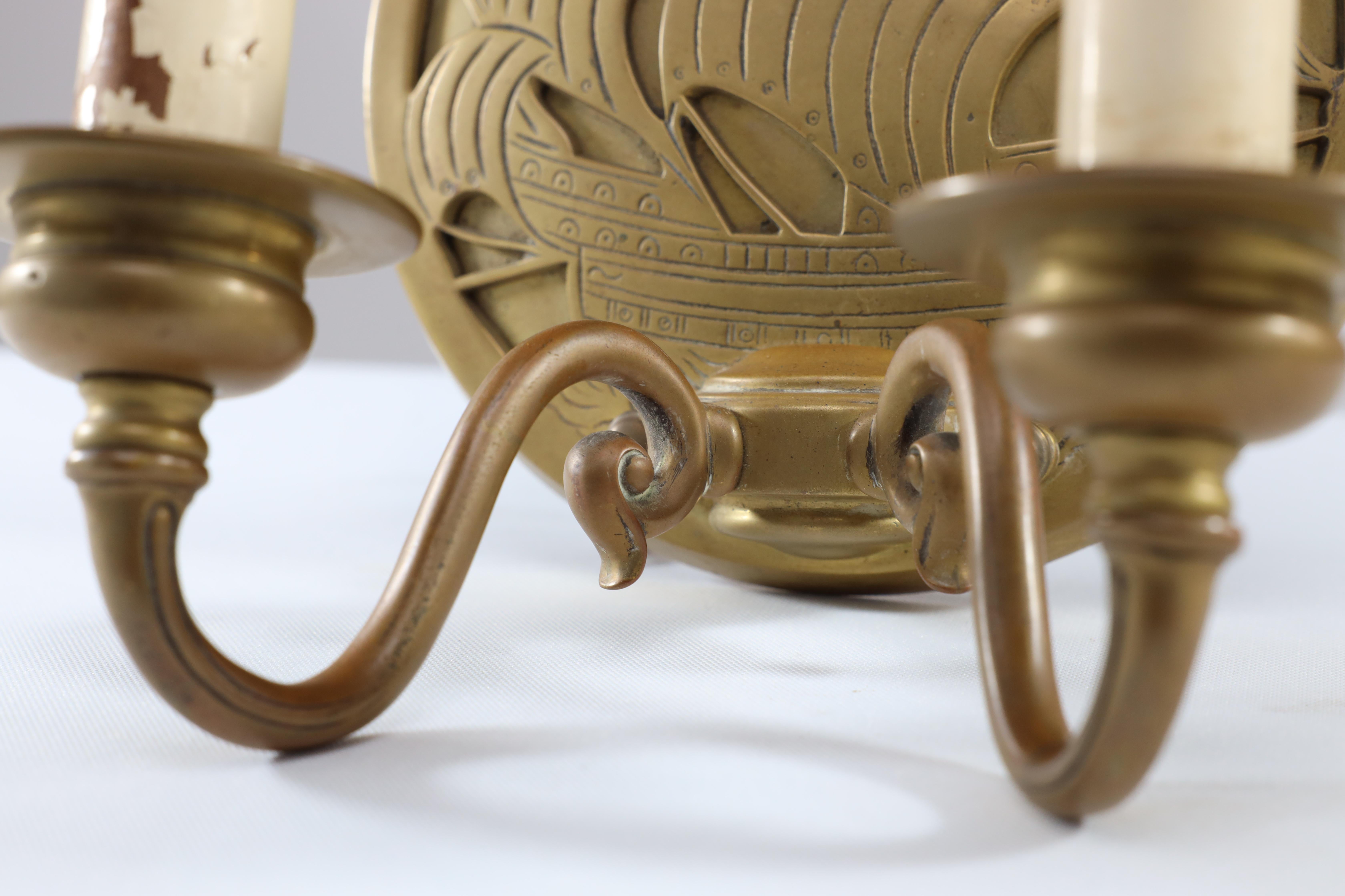 A pair of Arts and Crafts brass wall lights with Galleons in sail. For Sale 9