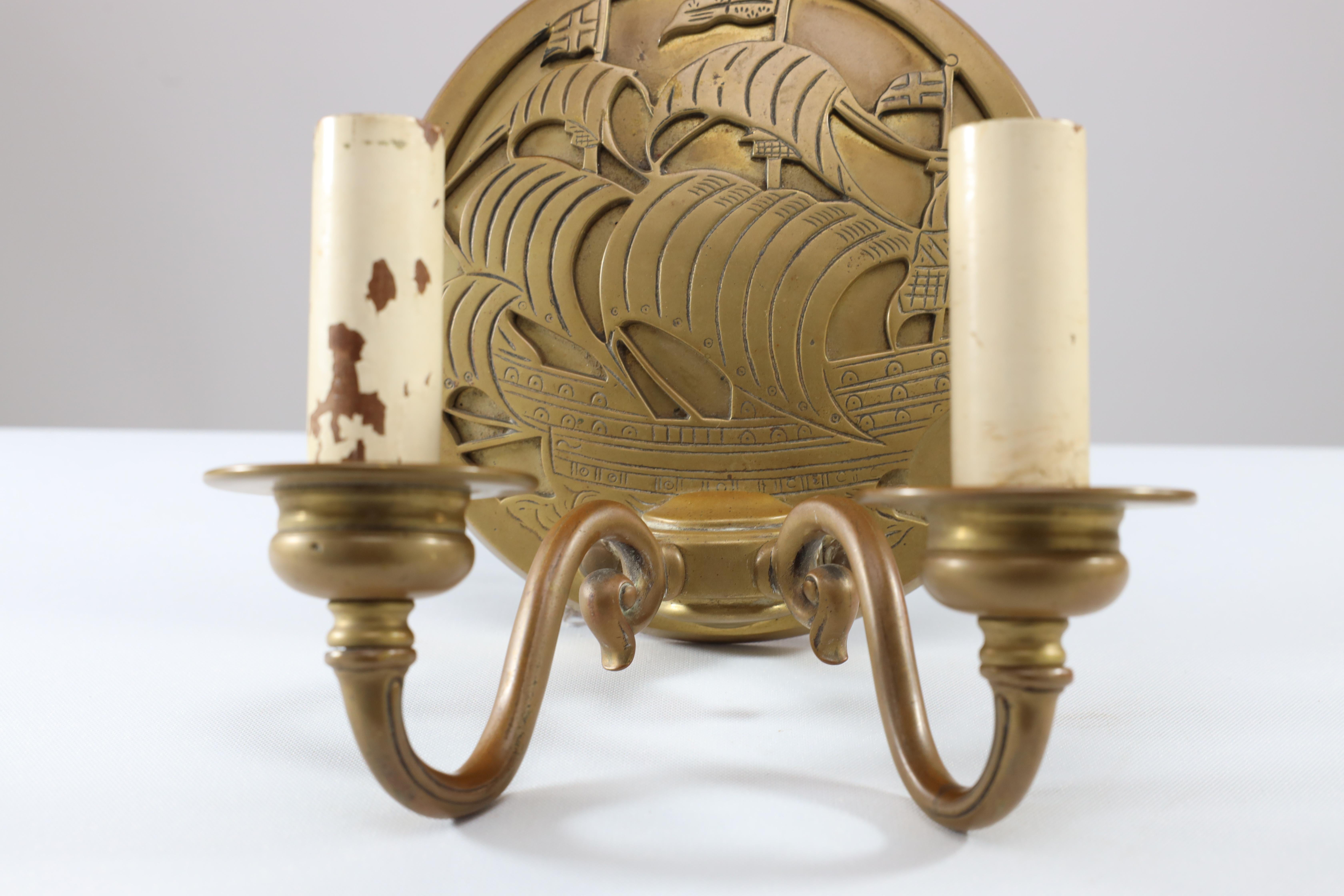 A pair of Arts and Crafts brass wall lights with Galleons in sail. For Sale 10