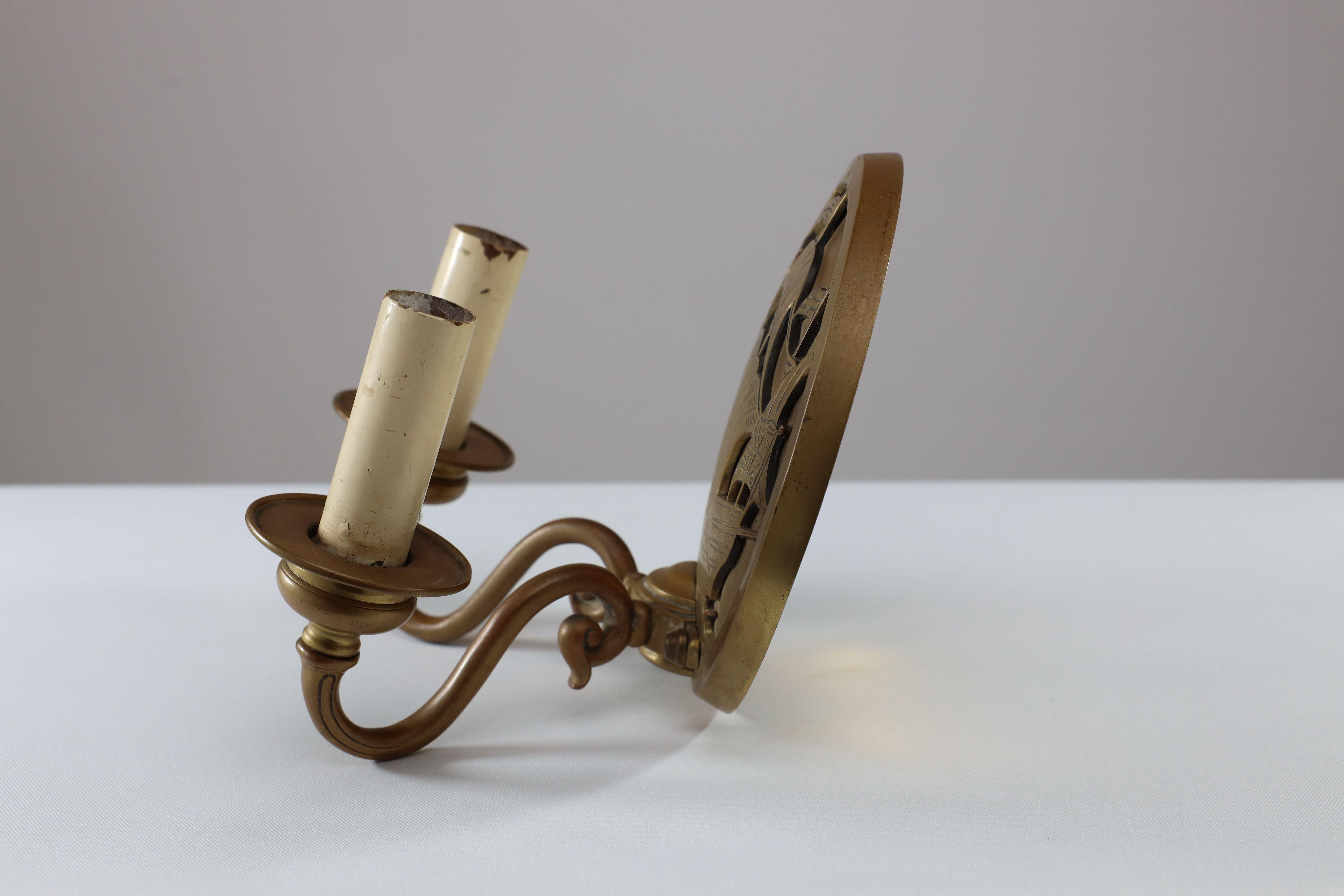 A pair of Arts and Crafts brass wall lights with Galleons in sail. For Sale 2