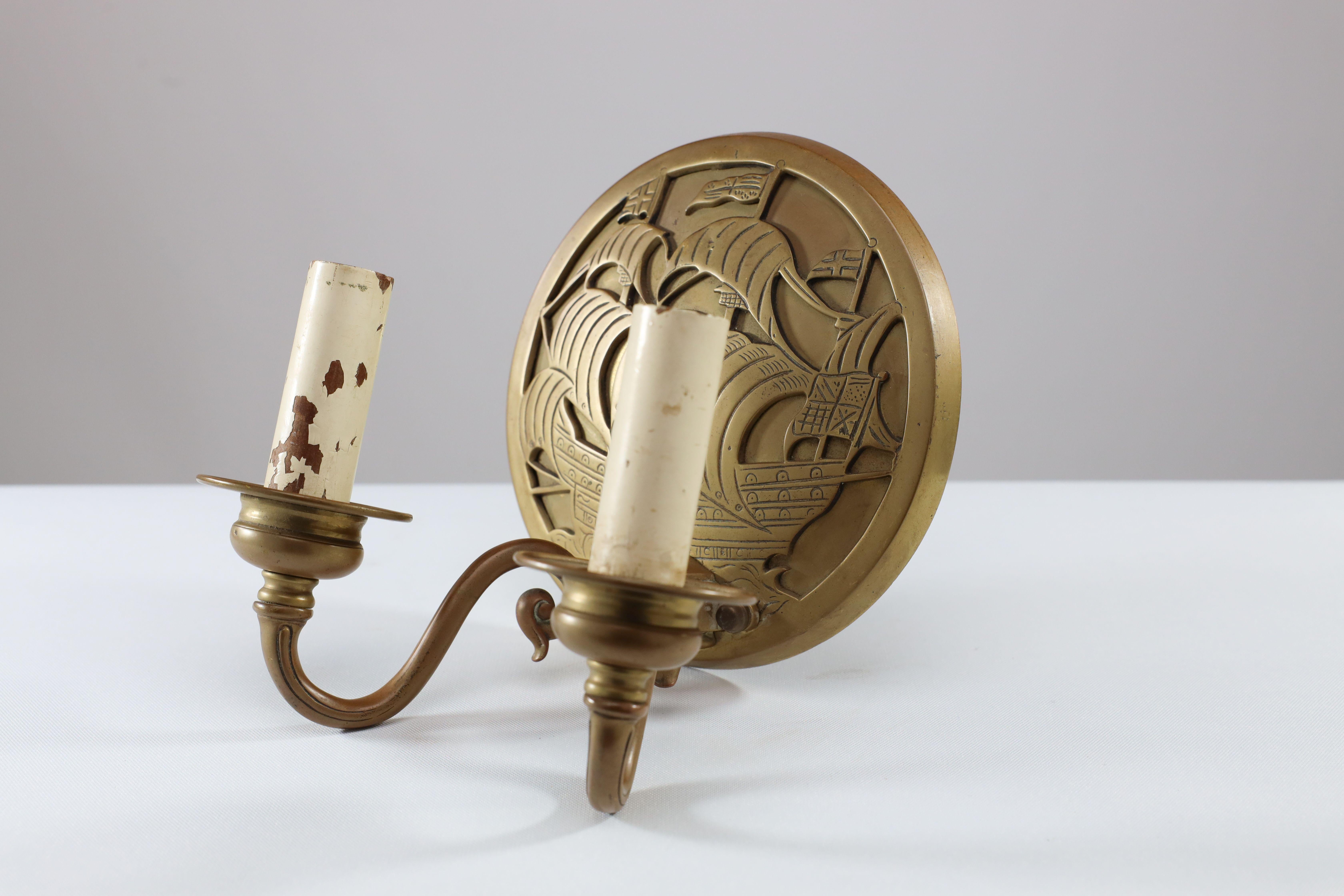 A pair of Arts and Crafts brass wall lights with Galleons in sail. For Sale 3