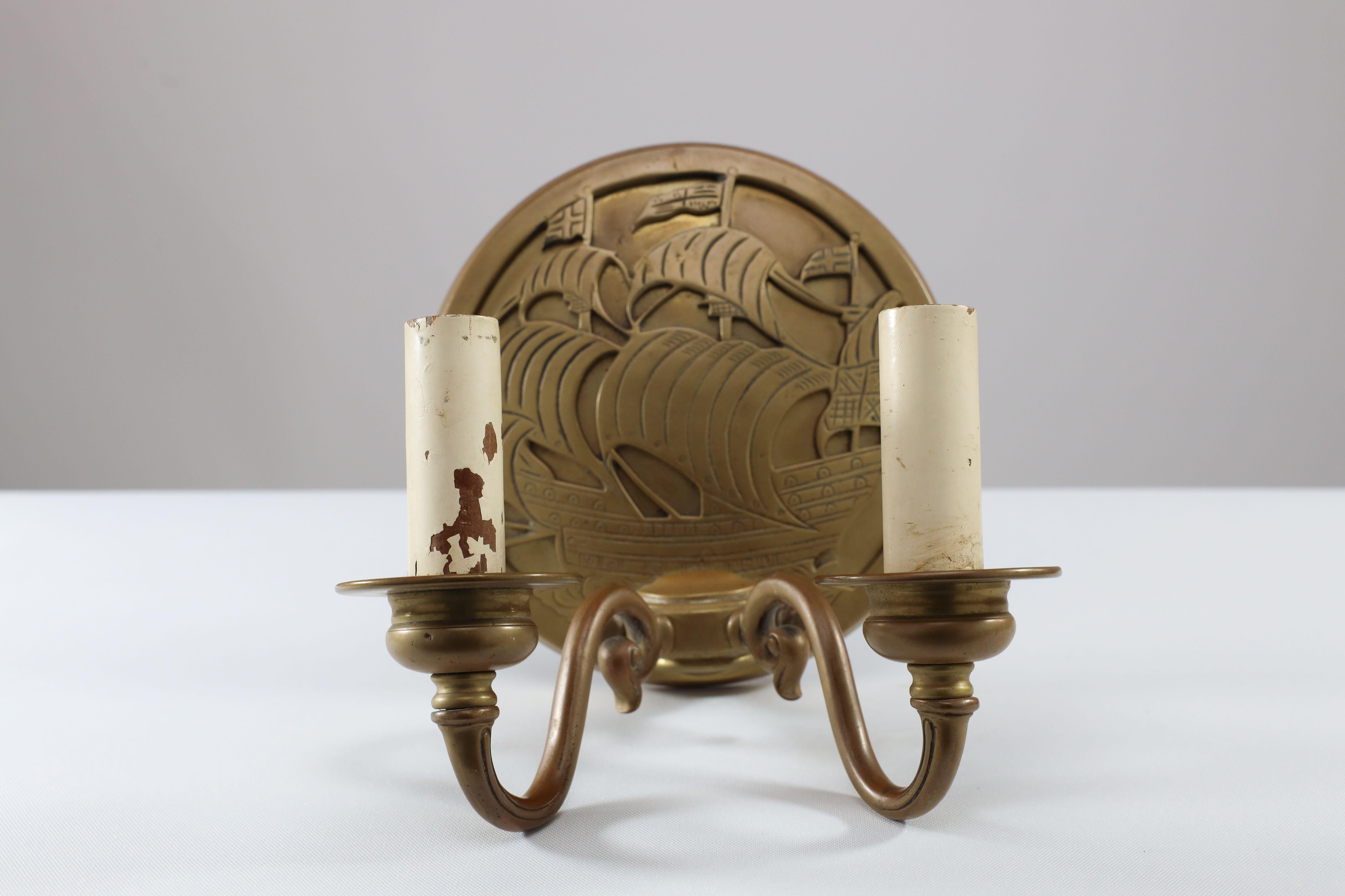 A pair of Arts and Crafts brass wall lights with Galleons in sail. For Sale 4