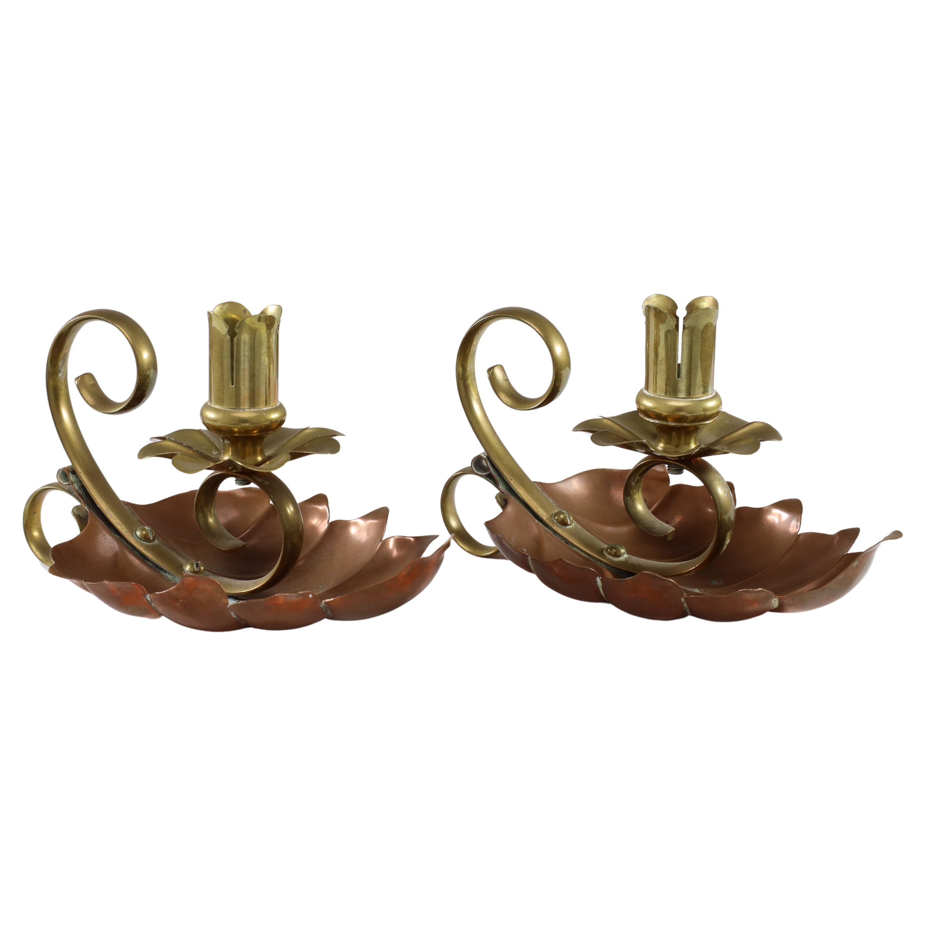 A pair of Arts and Crafts copper and brass lily pad candle night lights. For Sale