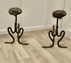 Pair of Arts and Crafts Copper and Iron Andirons or Fire Dogs