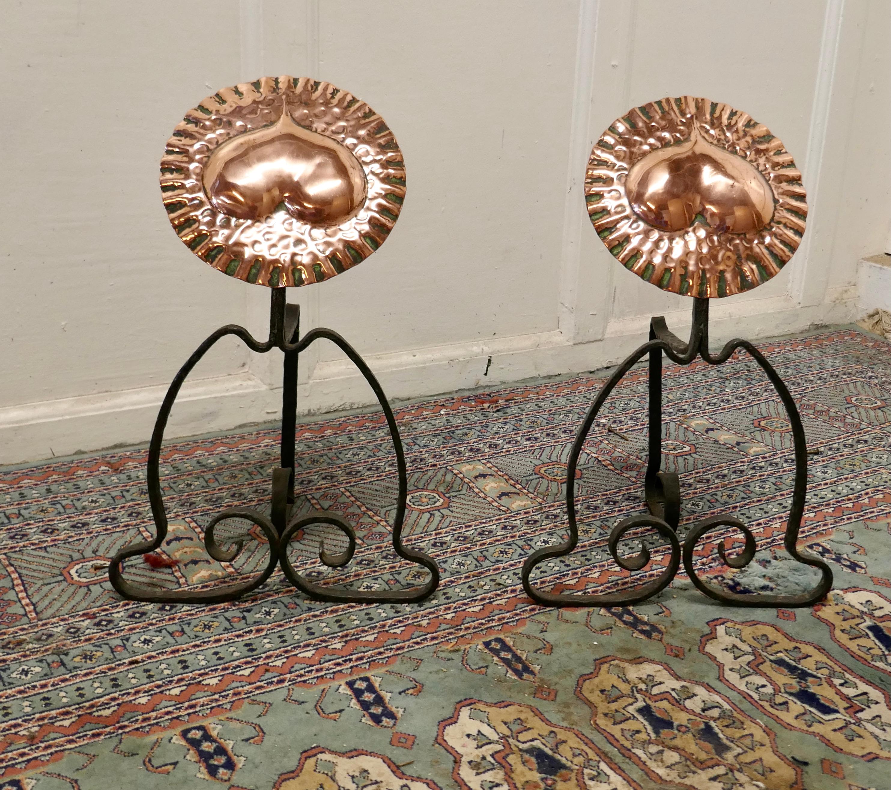Arts and Crafts Pair of Arts & Crafts Copper and Iron Andirons or Fire Dogs For Sale