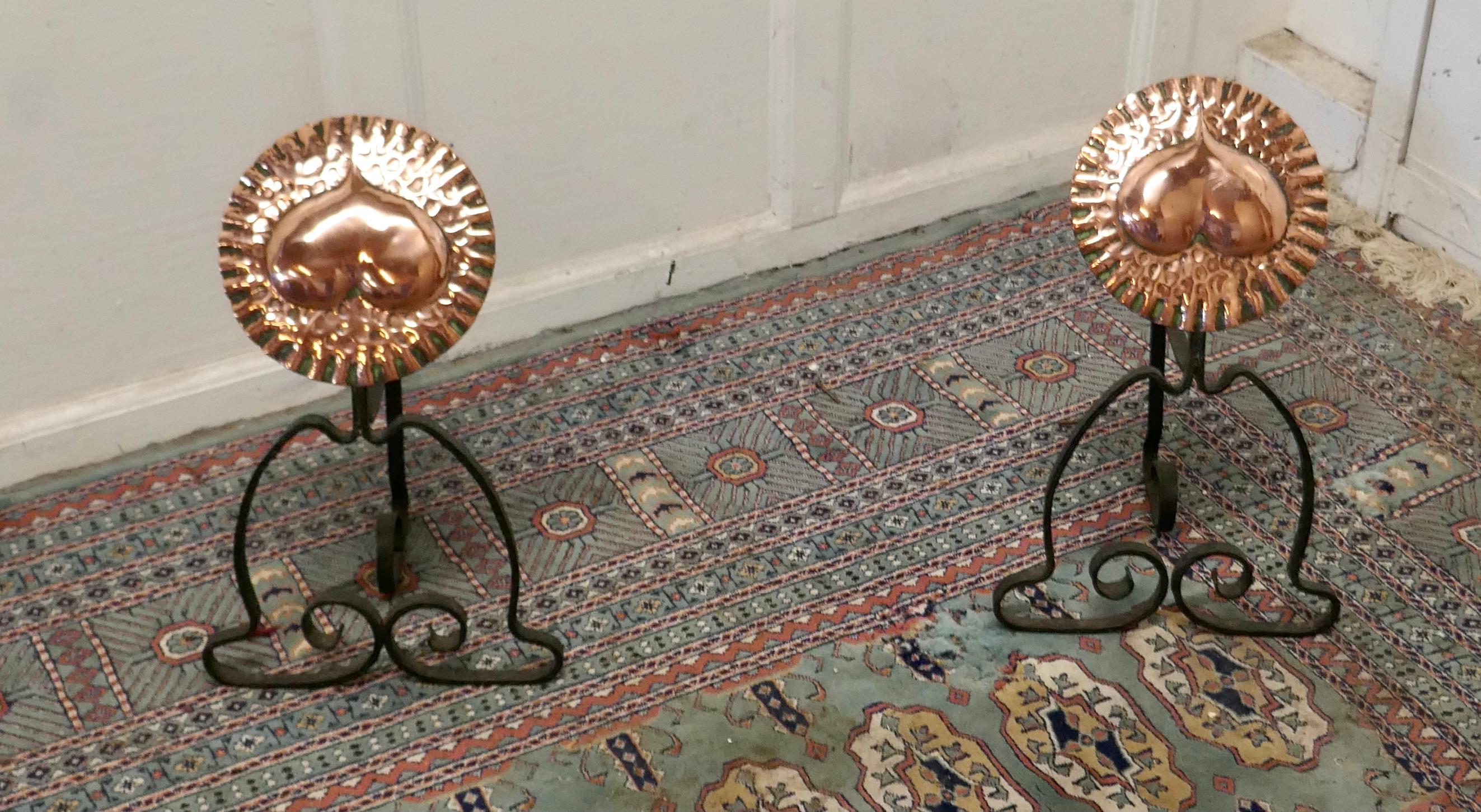 19th Century Pair of Arts & Crafts Copper and Iron Andirons or Fire Dogs For Sale