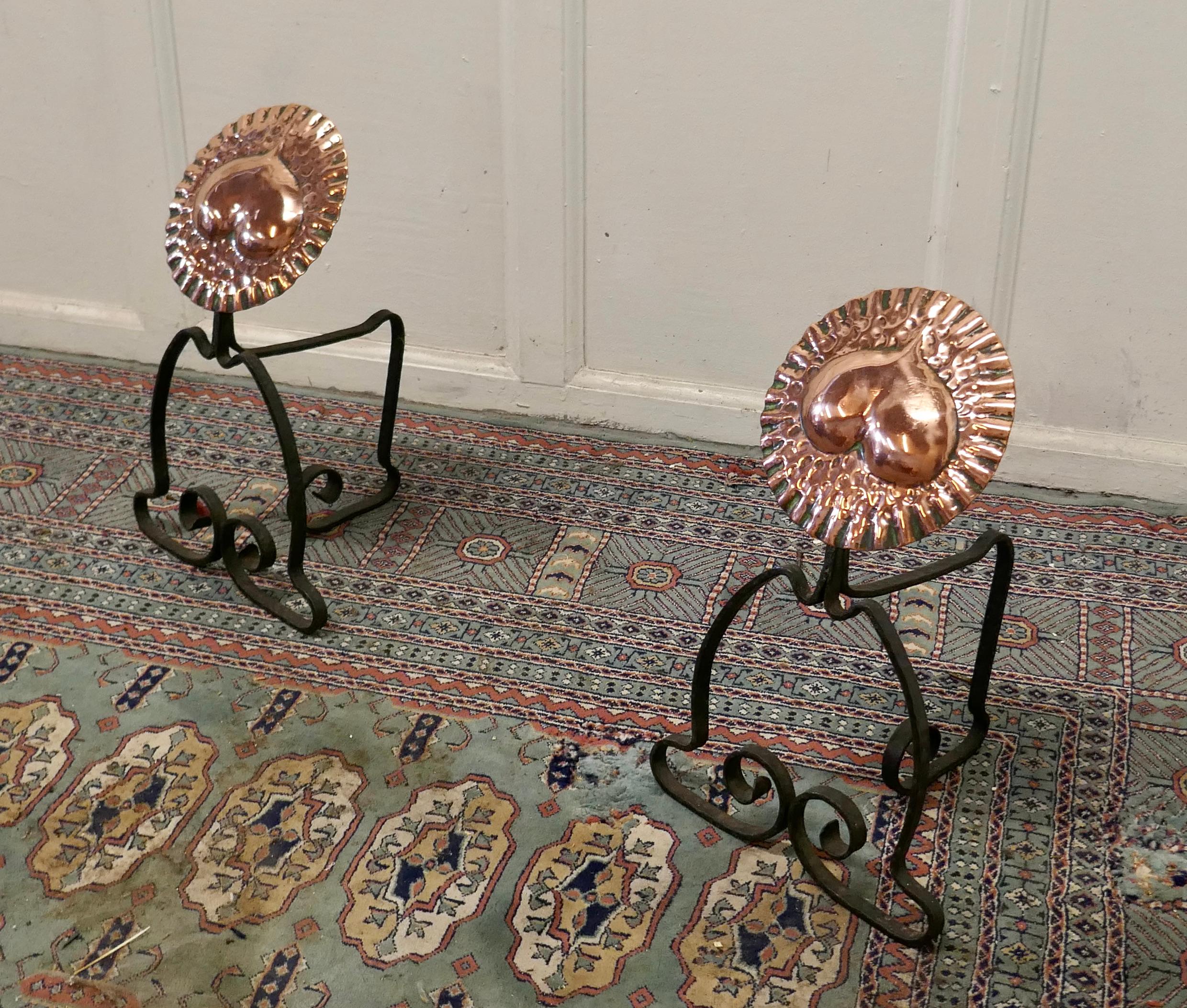 Pair of Arts & Crafts Copper and Iron Andirons or Fire Dogs For Sale 1
