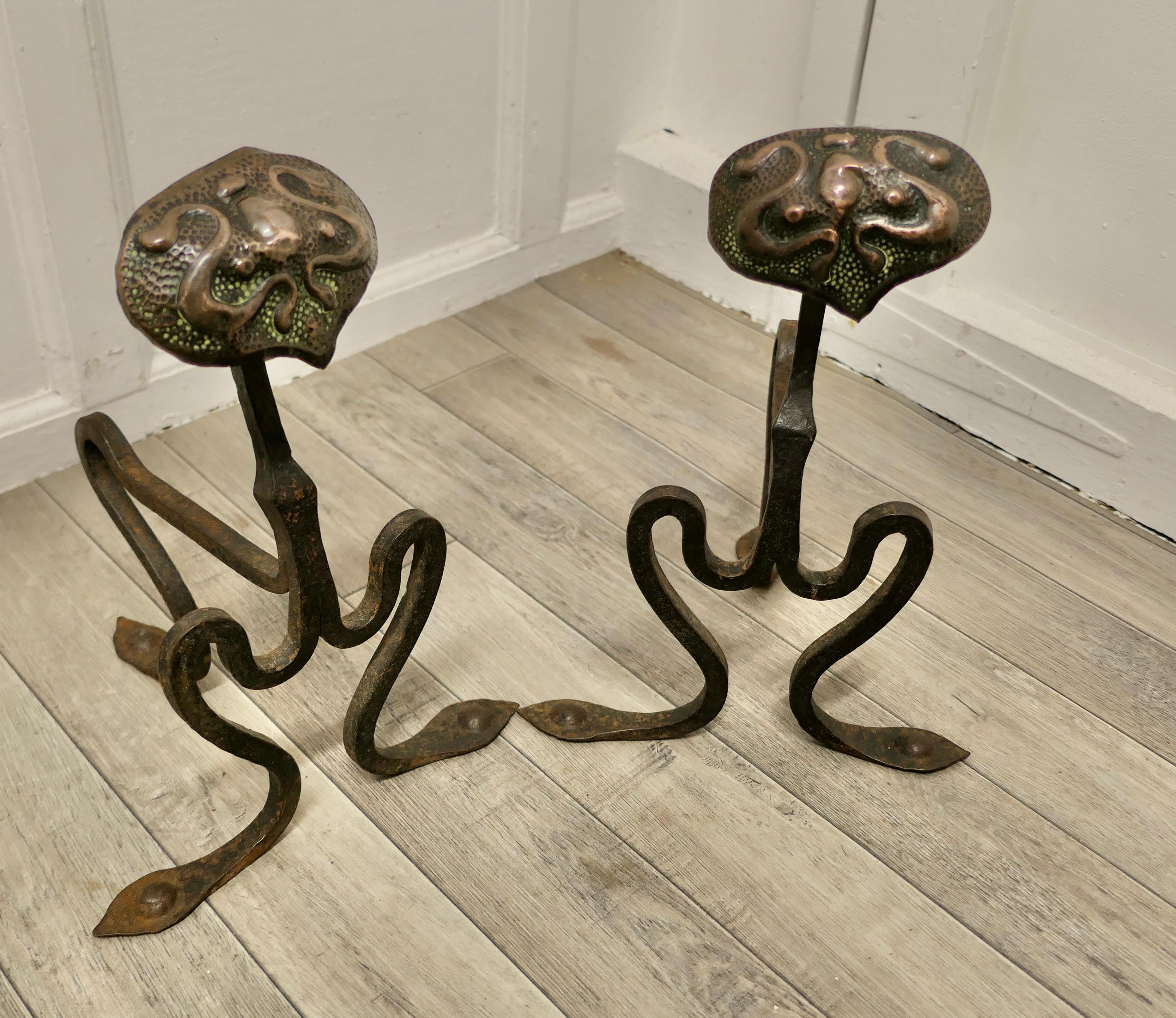 Pair of Arts and Crafts Copper and Iron Andirons or Fire Dogs   For Sale 1