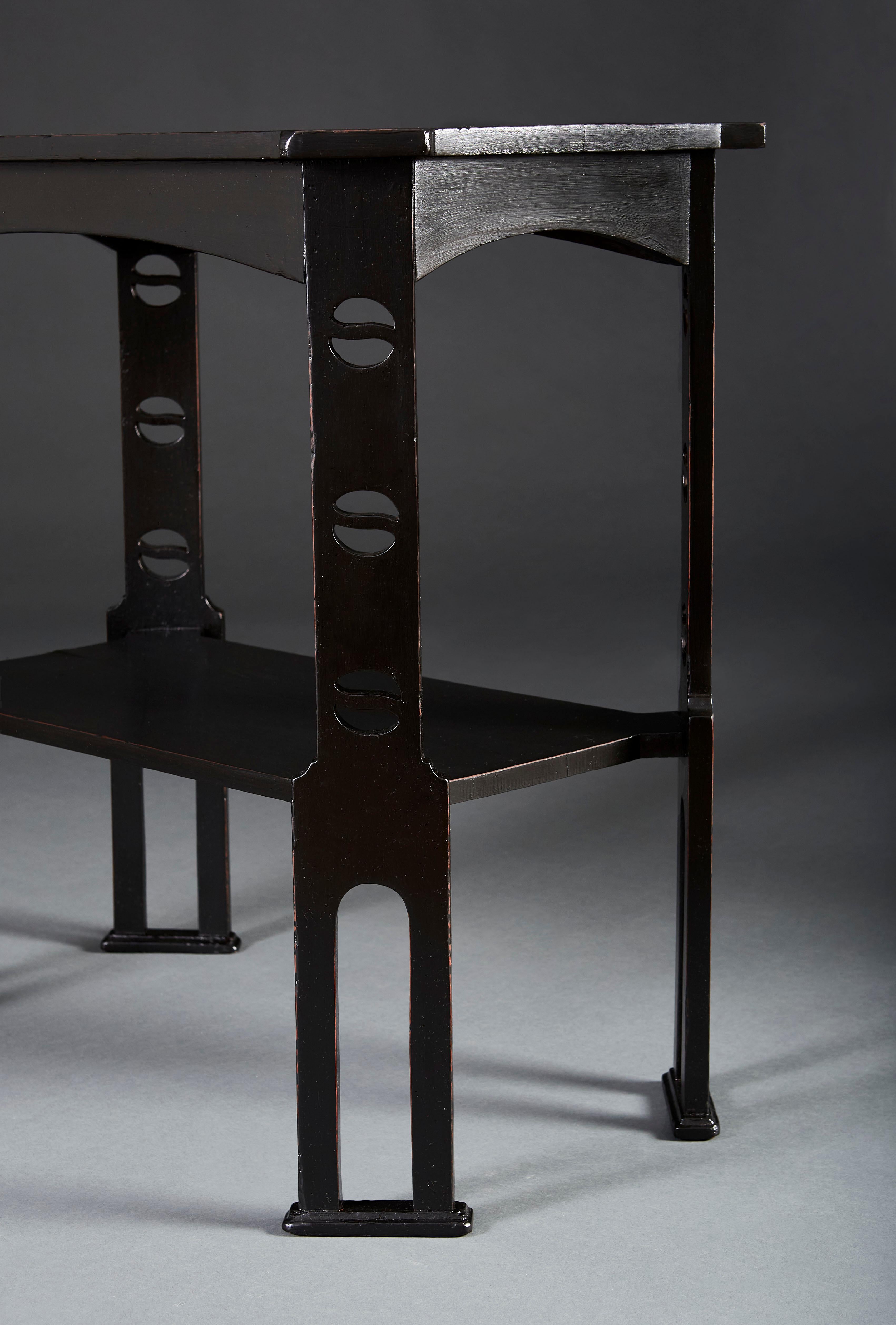 Arts and Crafts Pair of Arts & Crafts Ebonised Occasional Tables with Pierced Legs