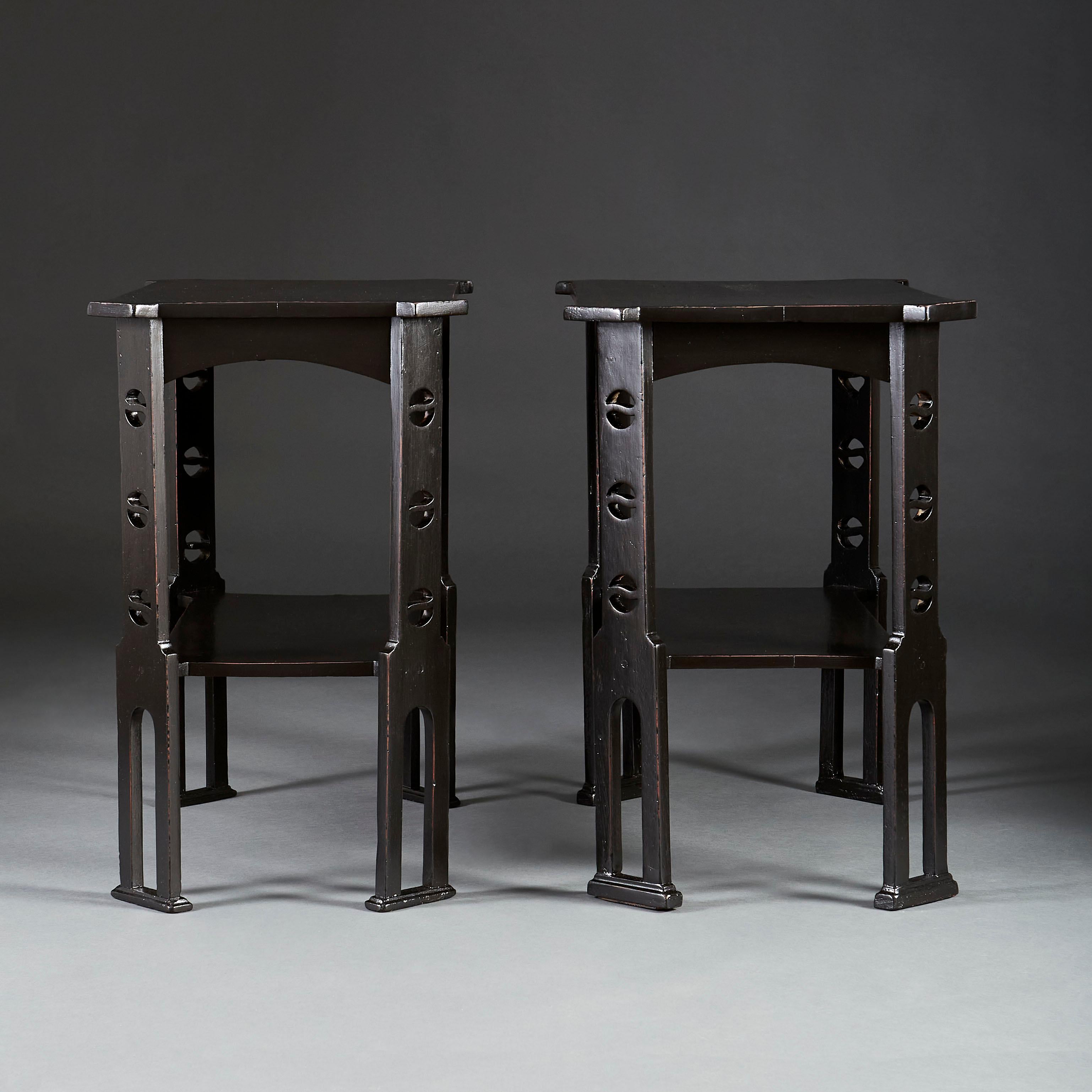 English Pair of Arts & Crafts Ebonised Occasional Tables with Pierced Legs
