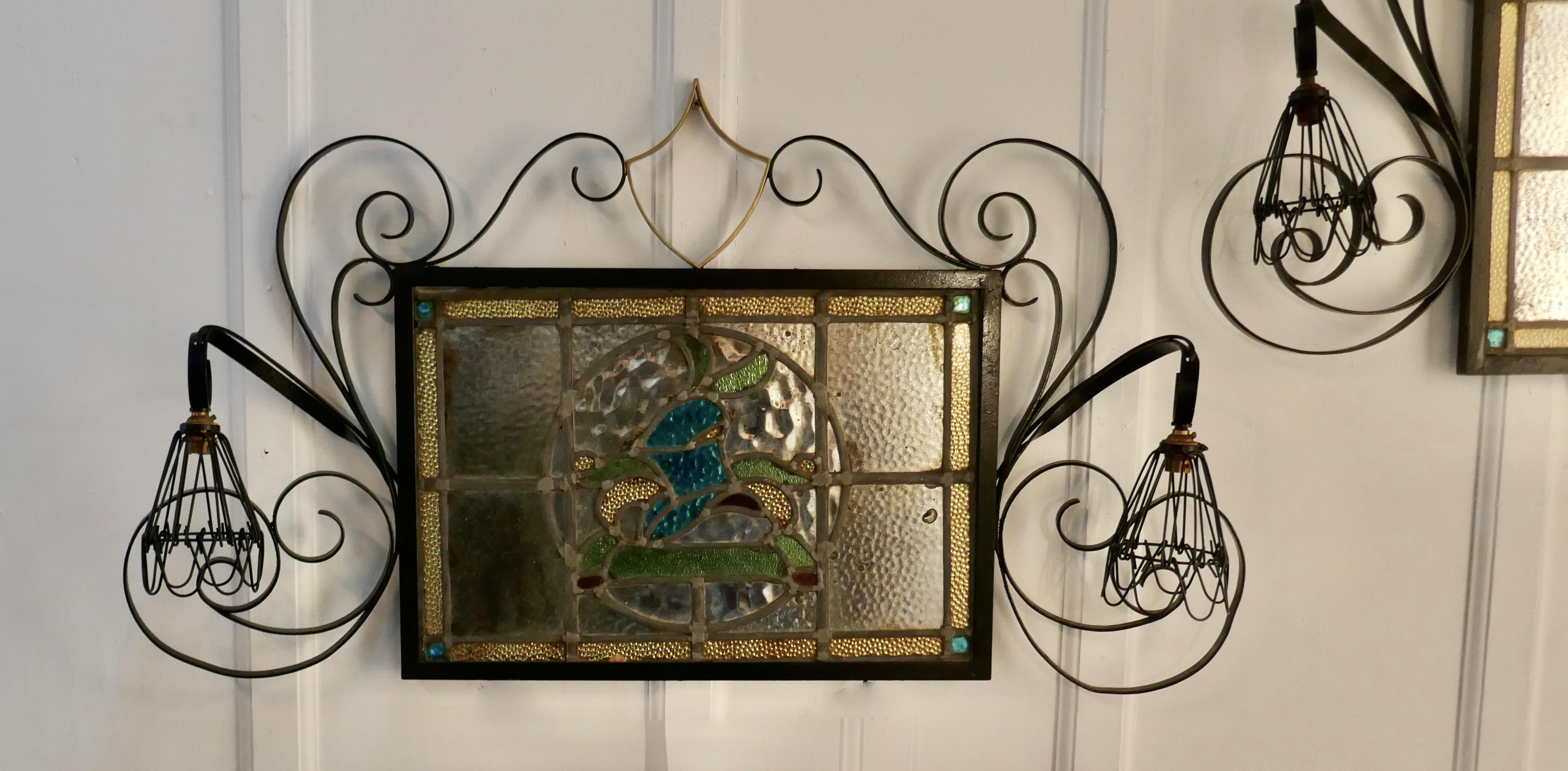 Wrought Iron Pair of Arts & Crafts Gothic Stained Glass Mirror Lights For Sale