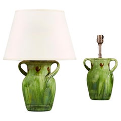 Pair of Arts and Crafts Green Glazed Vases as Lamps
