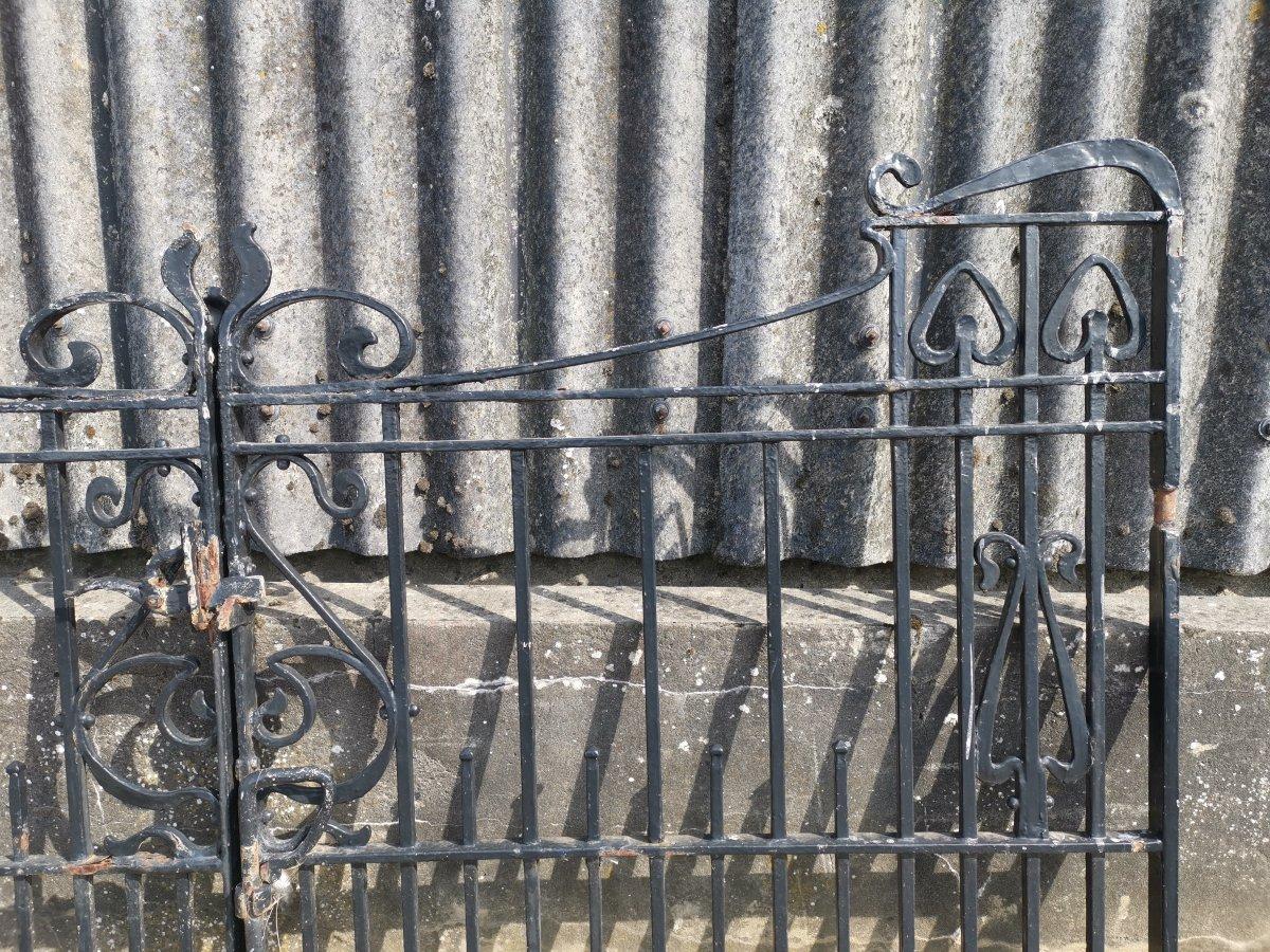 Pair of Arts & Crafts Hand Forged Iron Gates with Sweeping Top Rails 3
