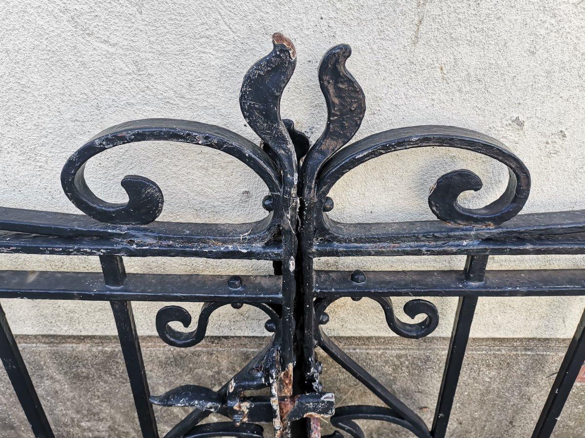 Pair of Arts & Crafts Hand Forged Iron Gates with Sweeping Top Rails 5