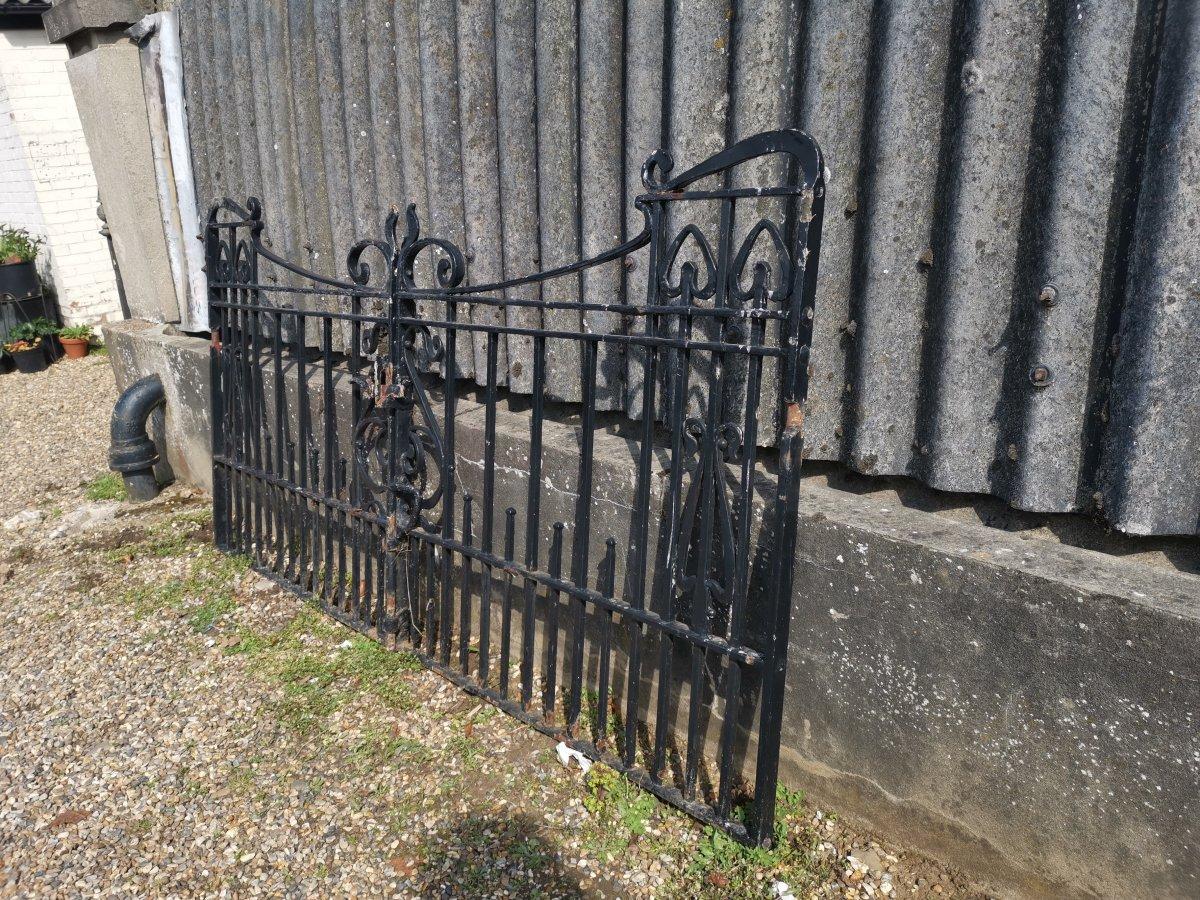 Pair of Arts & Crafts Hand Forged Iron Gates with Sweeping Top Rails 9