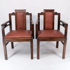 Sir Frank Brangwyn attr. Pair of Arts & Crafts mahogany armchairs Chinese style