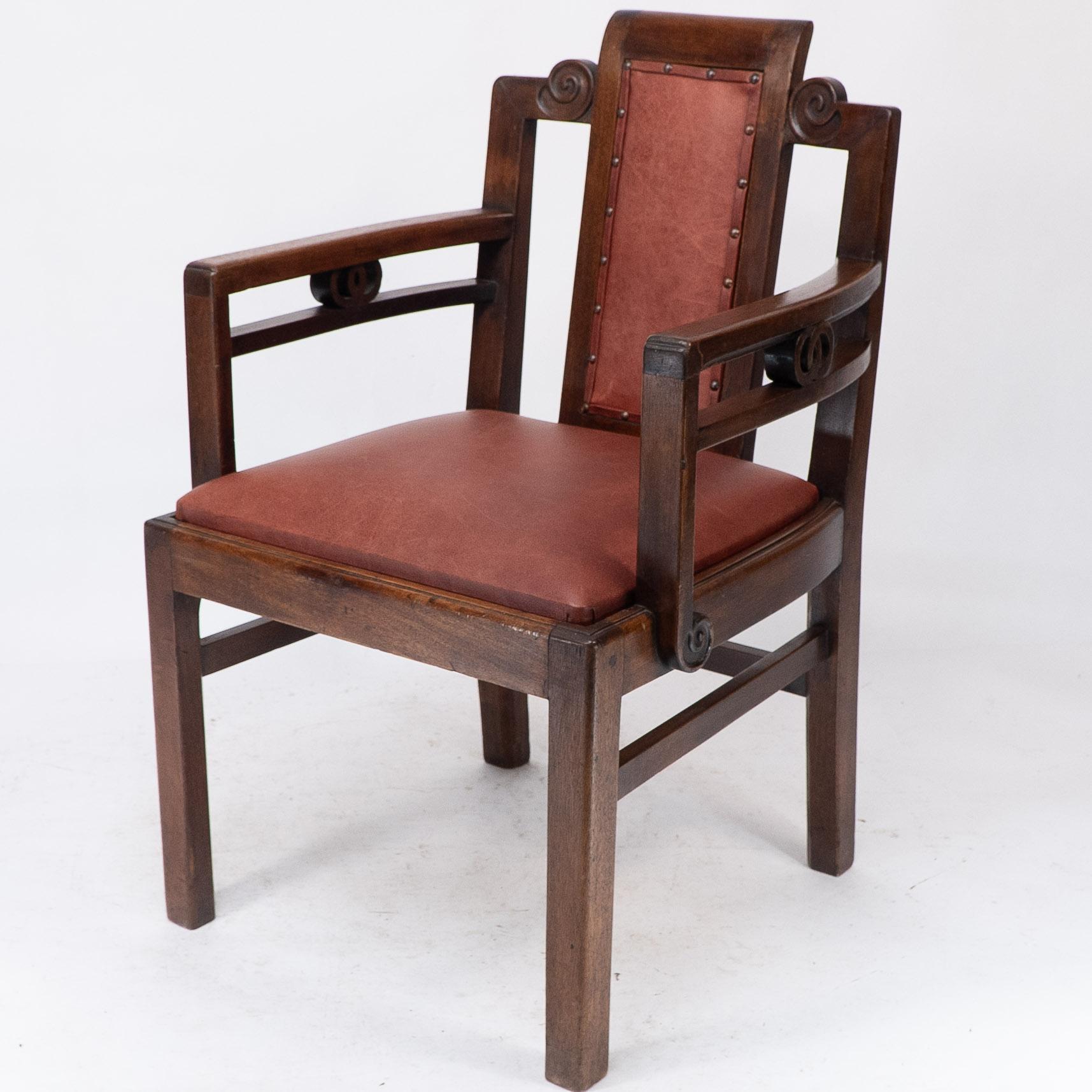 Hand-Carved Sir Frank Brangwyn attr. Pair of Arts & Crafts mahogany armchairs Chinese style For Sale