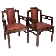 Antique Sir Frank Brangwyn attr. Pair of Arts & Crafts mahogany armchairs Chinese style