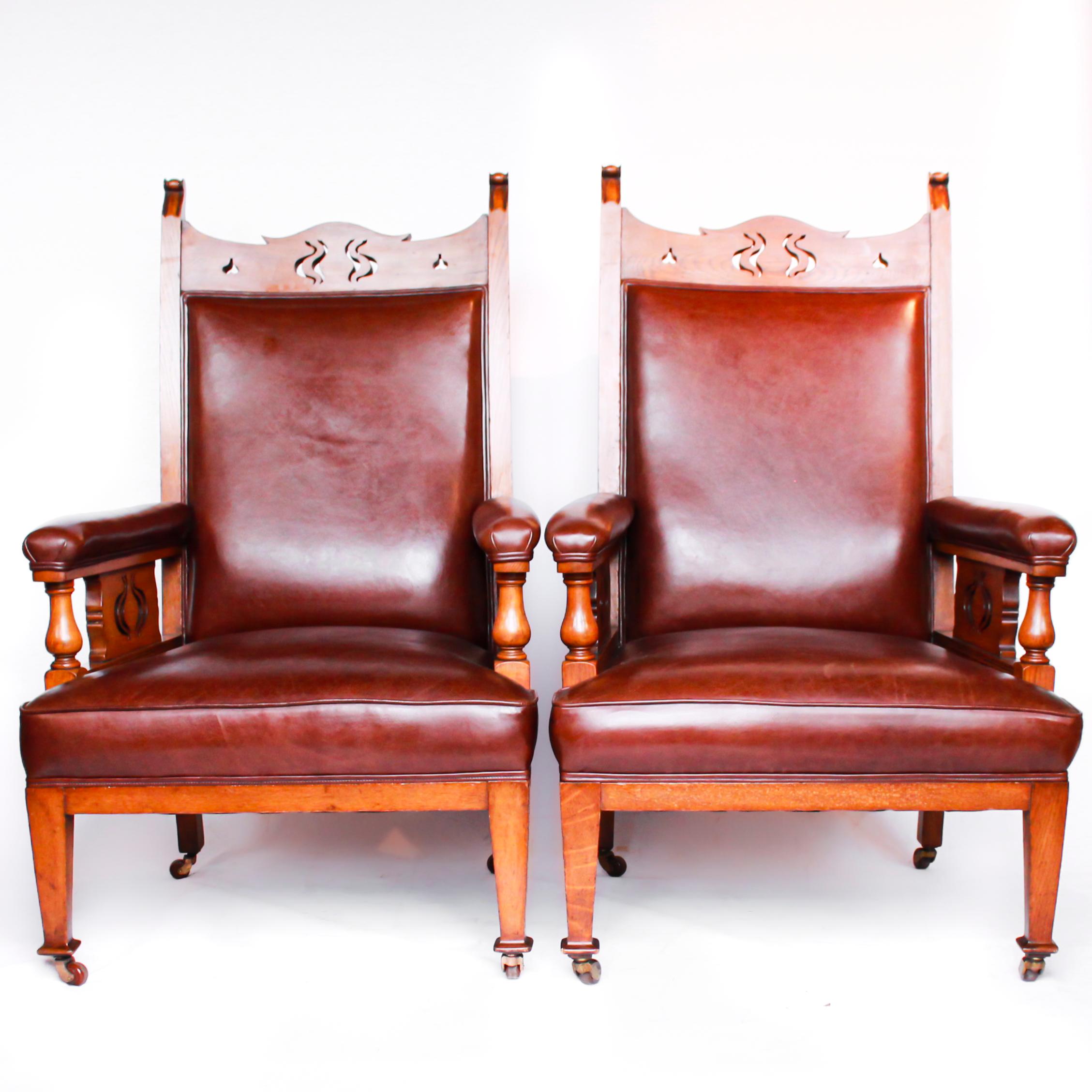 Arts and Crafts Pair of Arts & Craft's Library Chairs Solid Oak Upholstery in Chestnut Leather