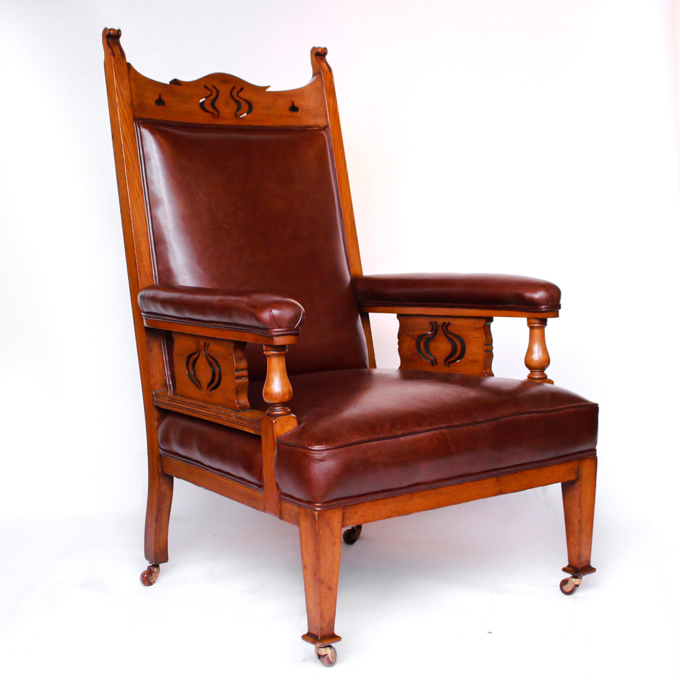 English Pair of Arts & Craft's Library Chairs Solid Oak Upholstery in Chestnut Leather
