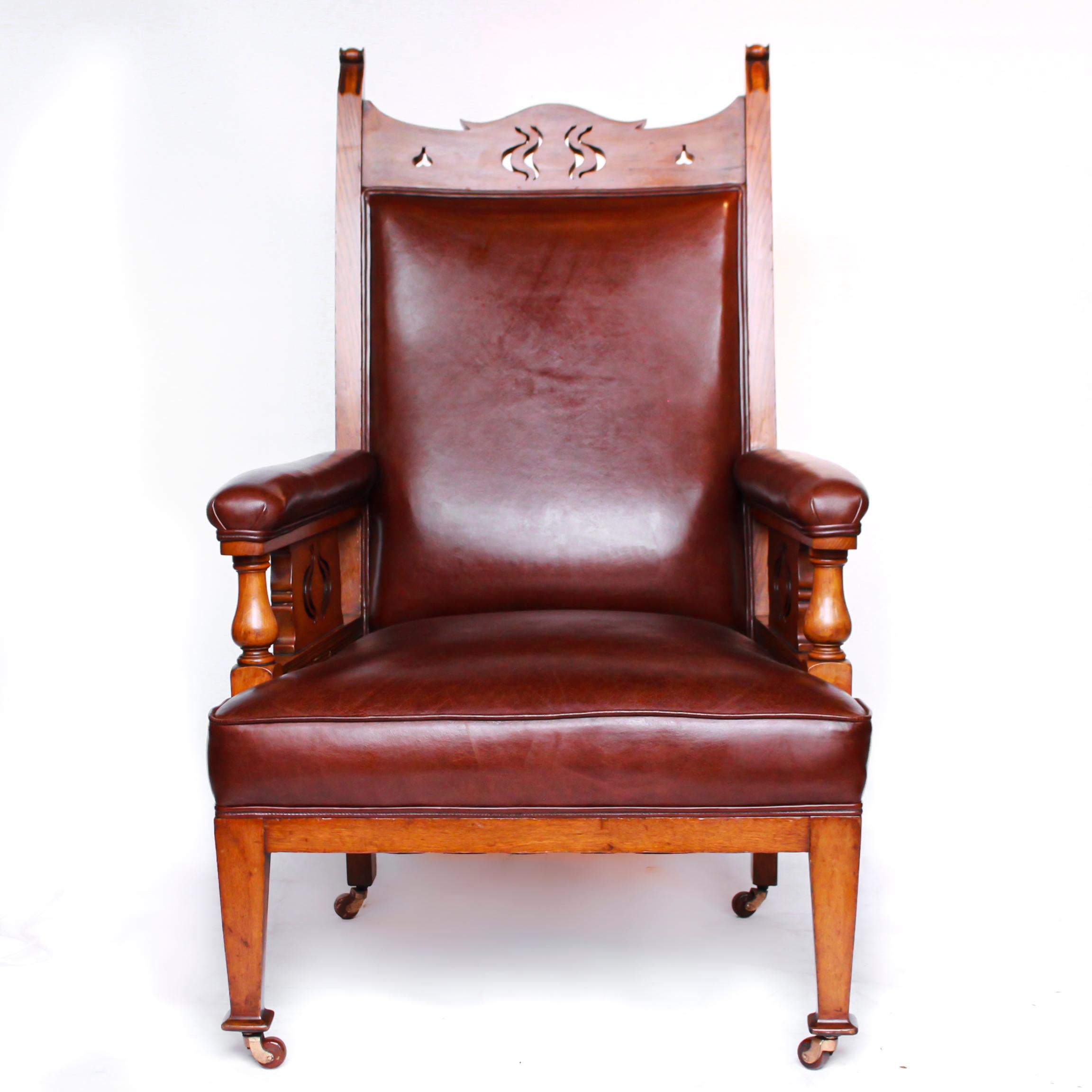 Early 20th Century Pair of Arts & Craft's Library Chairs Solid Oak Upholstery in Chestnut Leather
