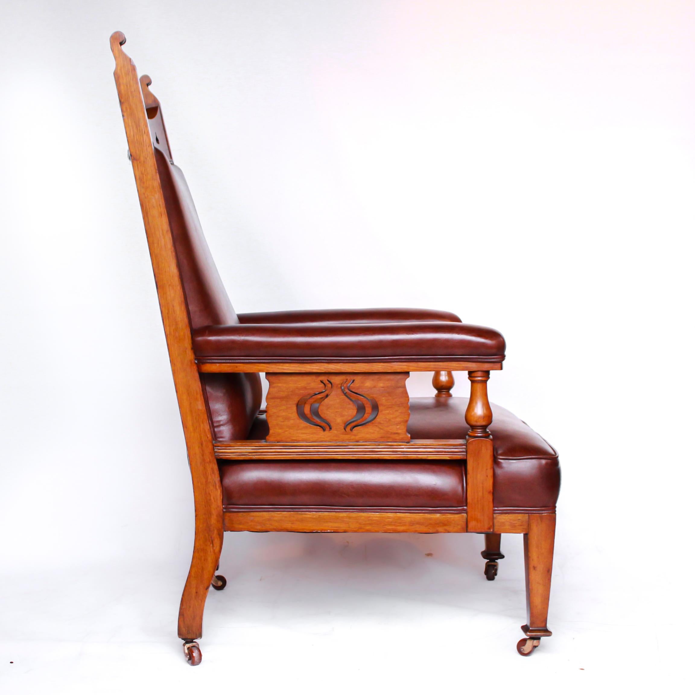 Pair of Arts & Craft's Library Chairs Solid Oak Upholstery in Chestnut Leather 1