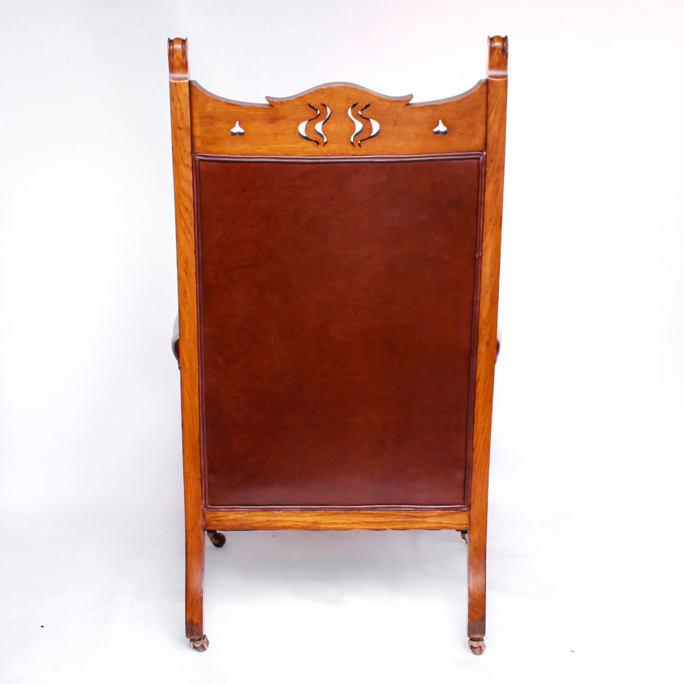 Pair of Arts & Craft's Library Chairs Solid Oak Upholstery in Chestnut Leather 2