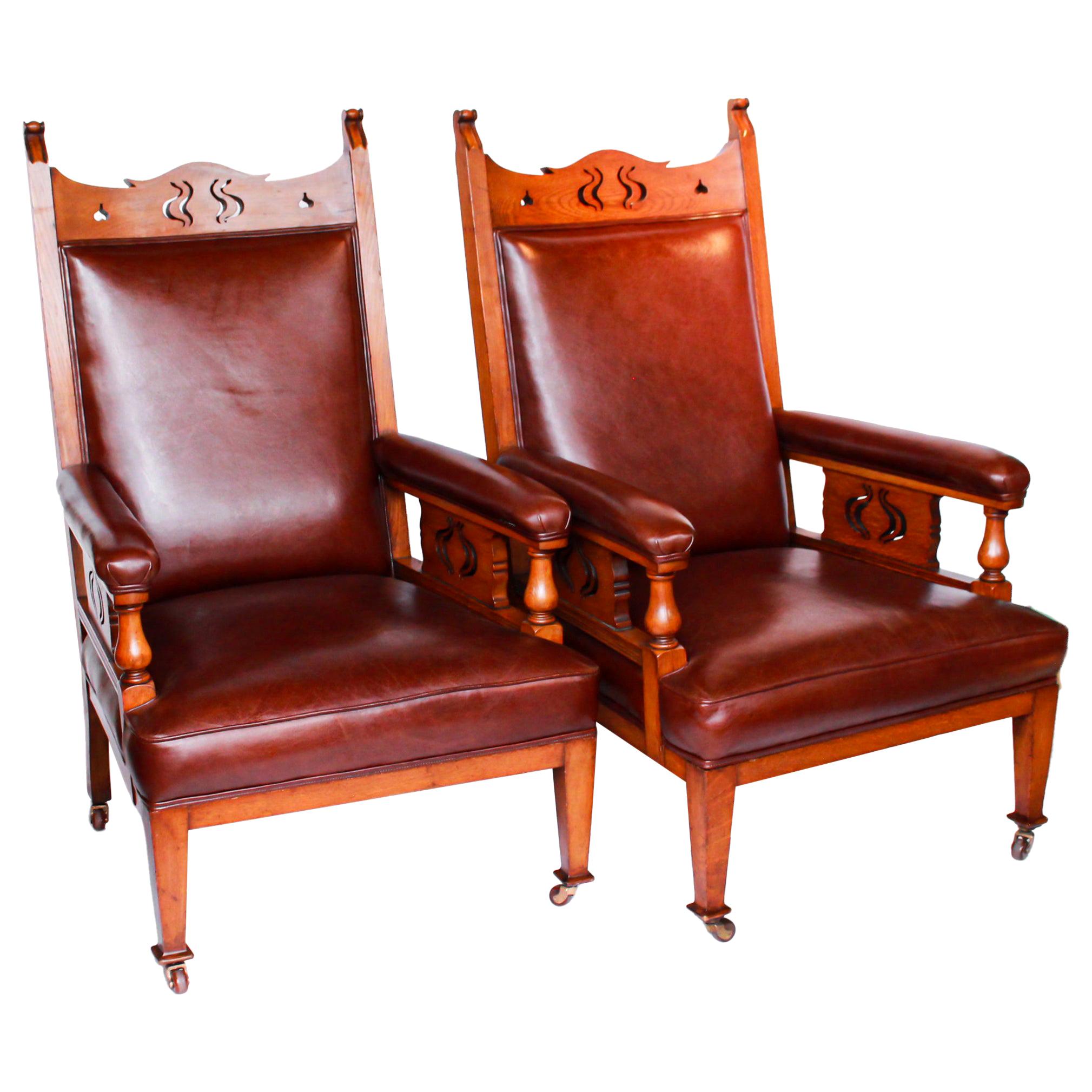 Pair of Arts & Craft's Library Chairs Solid Oak Upholstery in Chestnut Leather