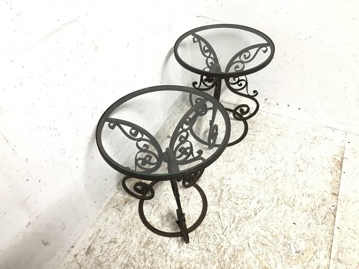 Arts and Crafts A Pair of Arts & Crafts Hand Formed Wrought Iron Side Tables with Scroll Details For Sale